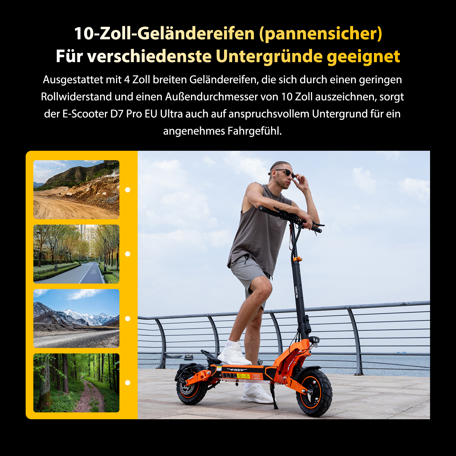 Mann mit E-Scooter vor Wasser, kleine Bilder von Gelände, Straße und Bergen.