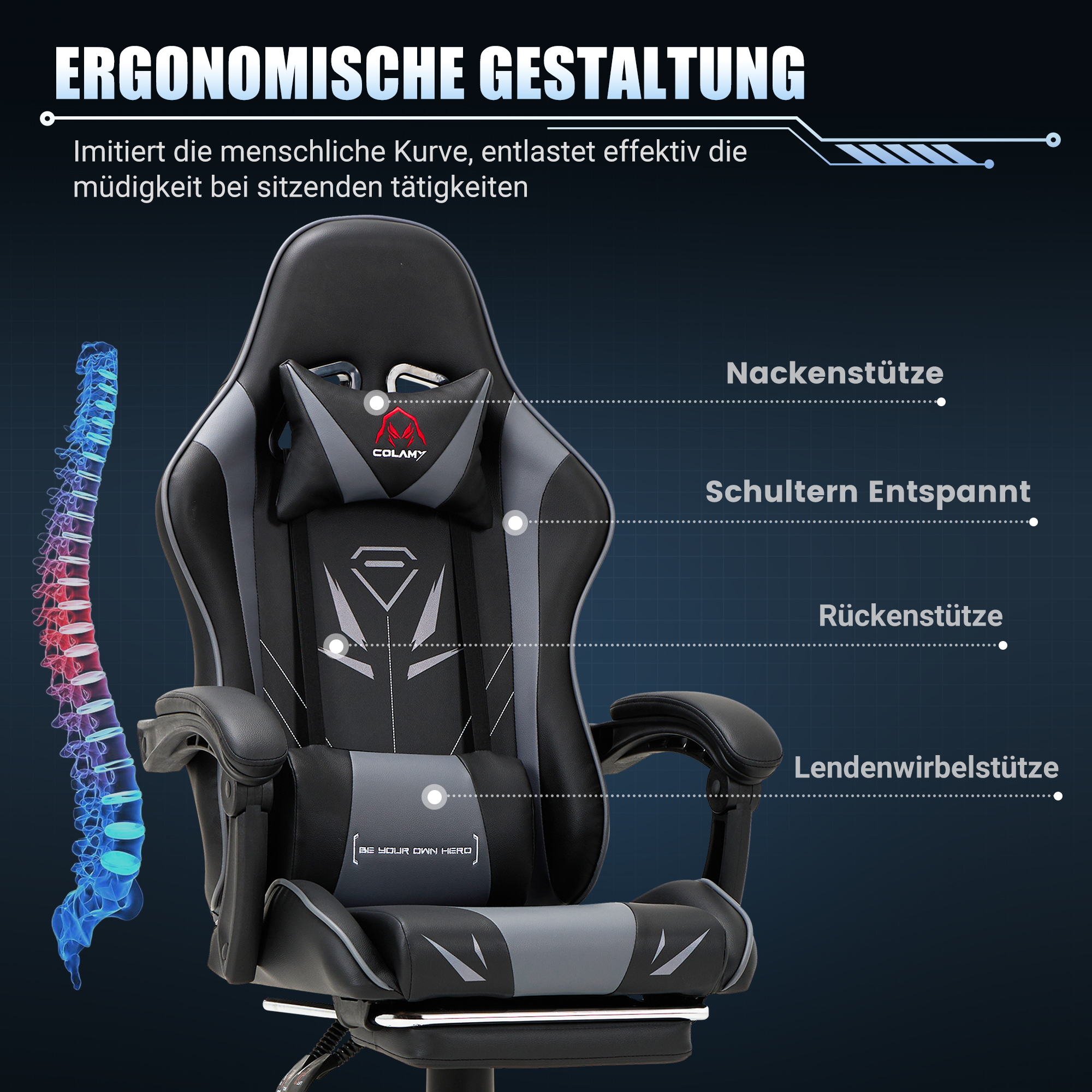 Silla ergonómica con soporte para cuello, hombros, espalda y lumbares.