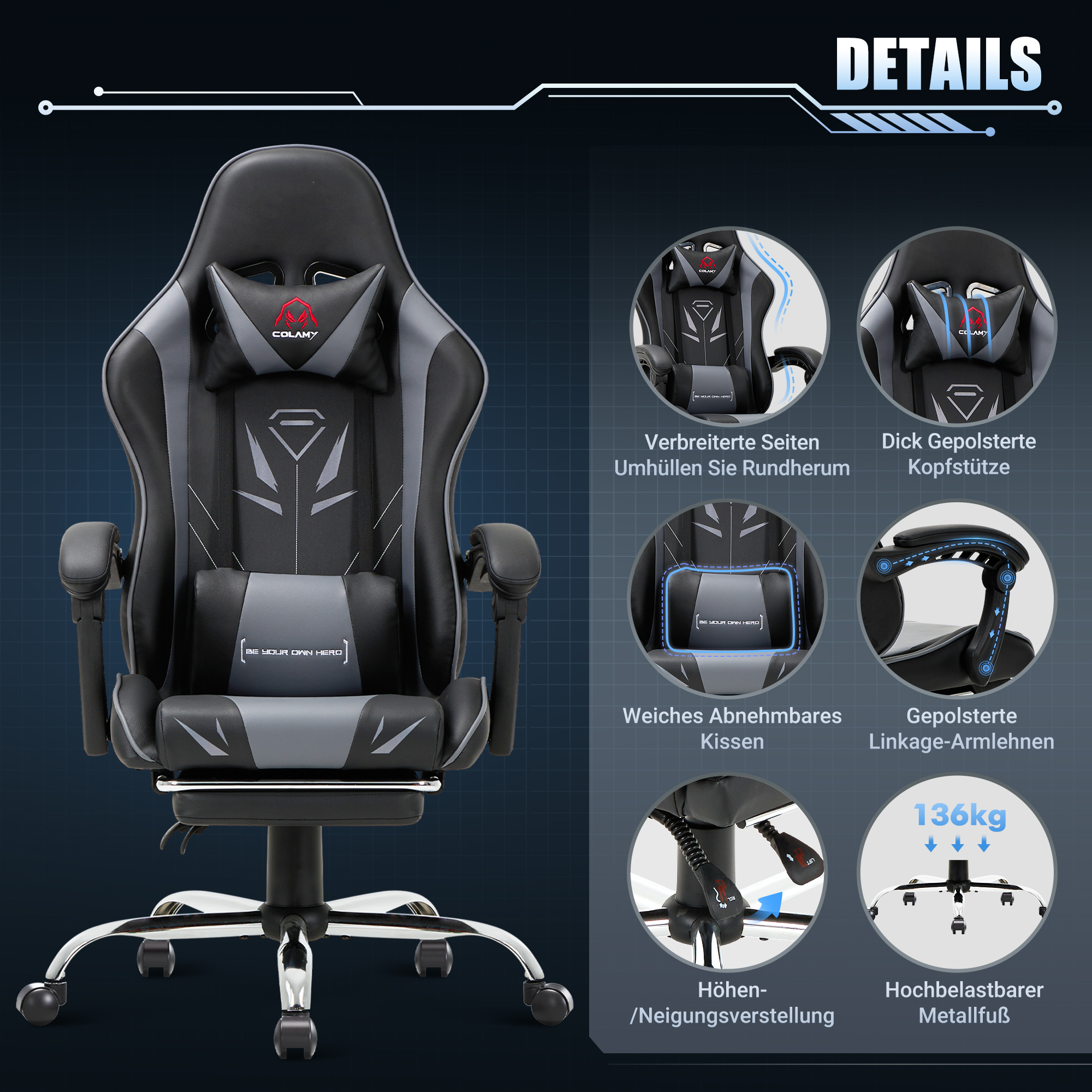 Silla gamer negra y gris con vistas detalladas de reposacabezas, reposabrazos y mecanismos de ajuste.