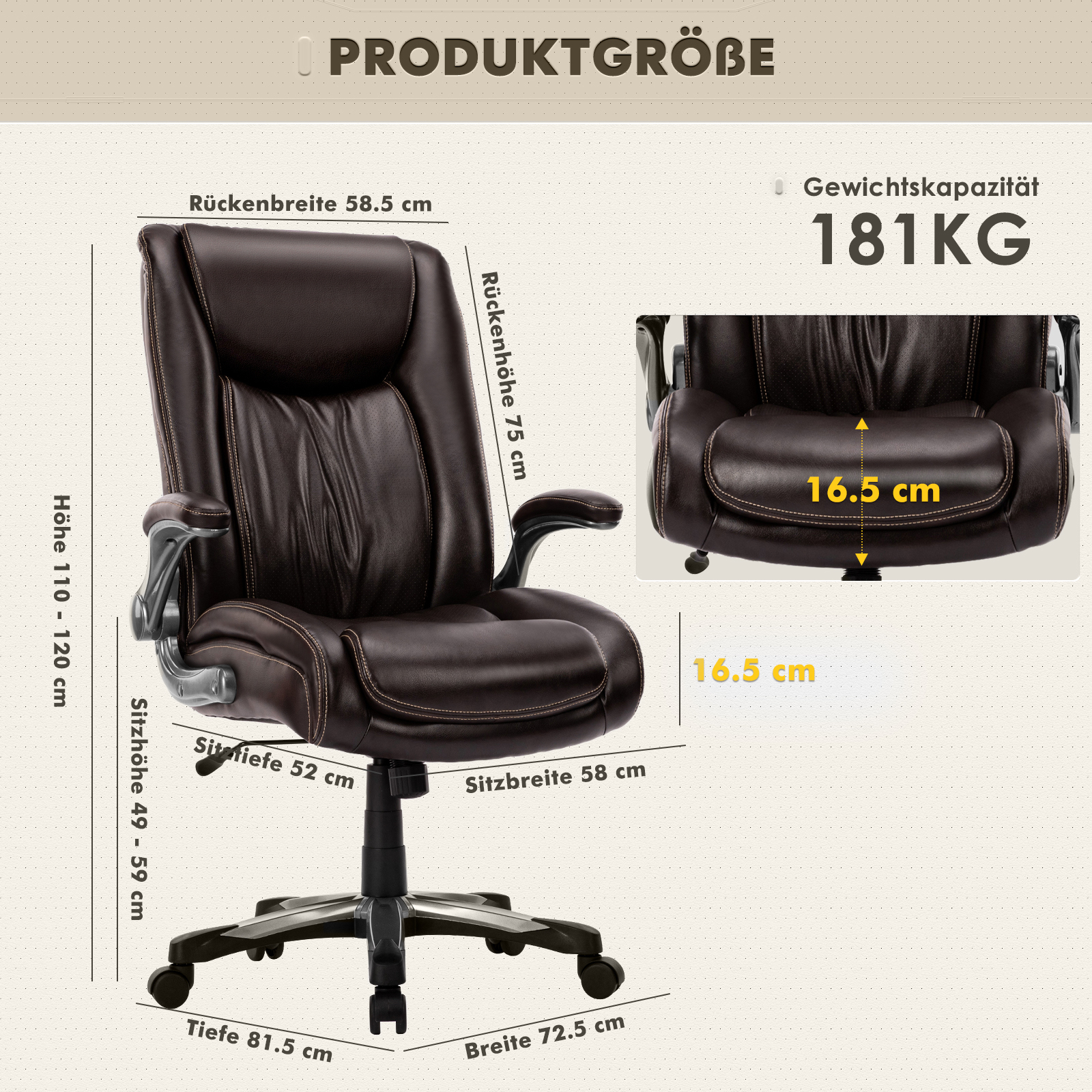 Silla de oficina marrón con medidas: ancho, alto, profundo, alto asiento, prof. asiento.