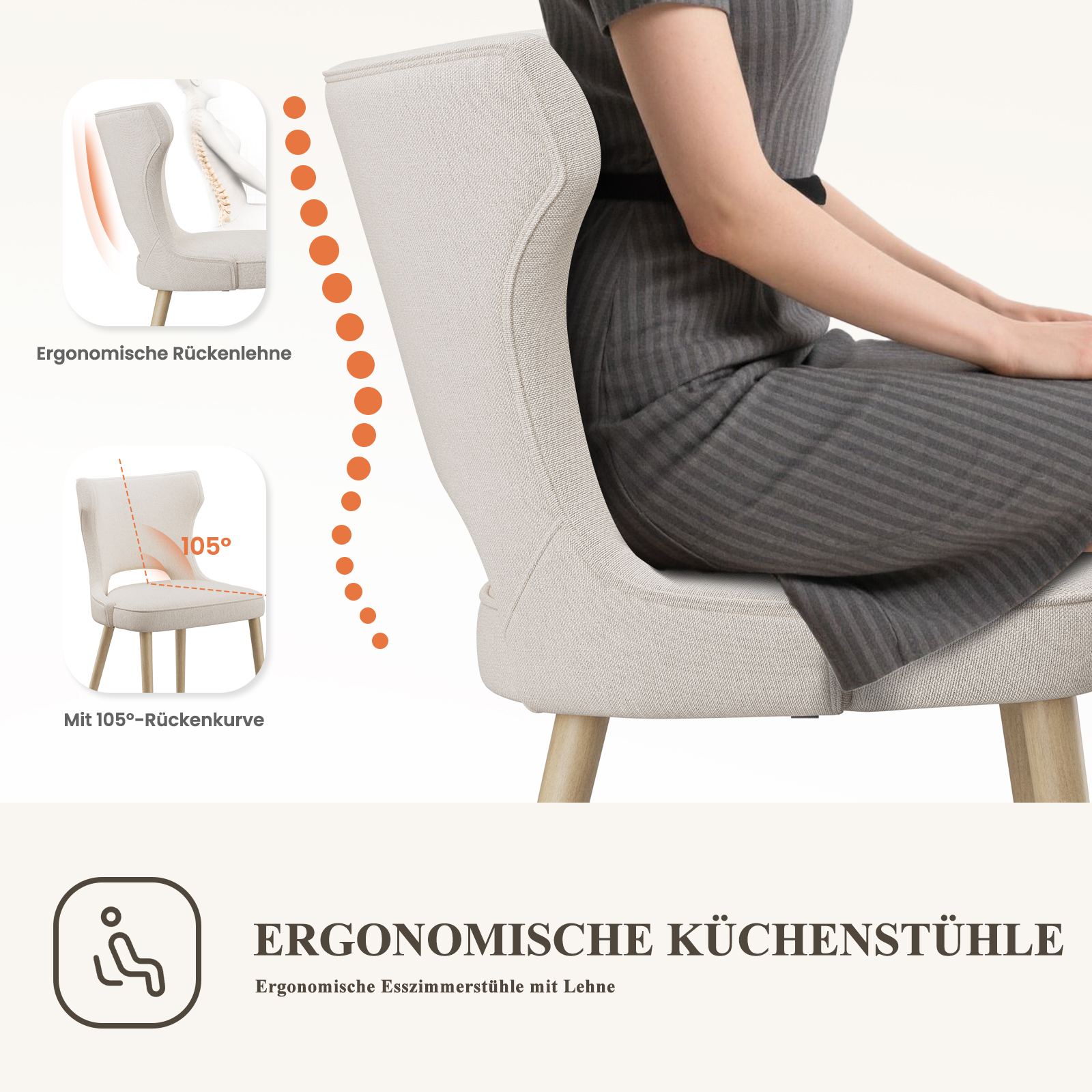 Una persona siede su una sedia ergonomica beige con gambe in legno.