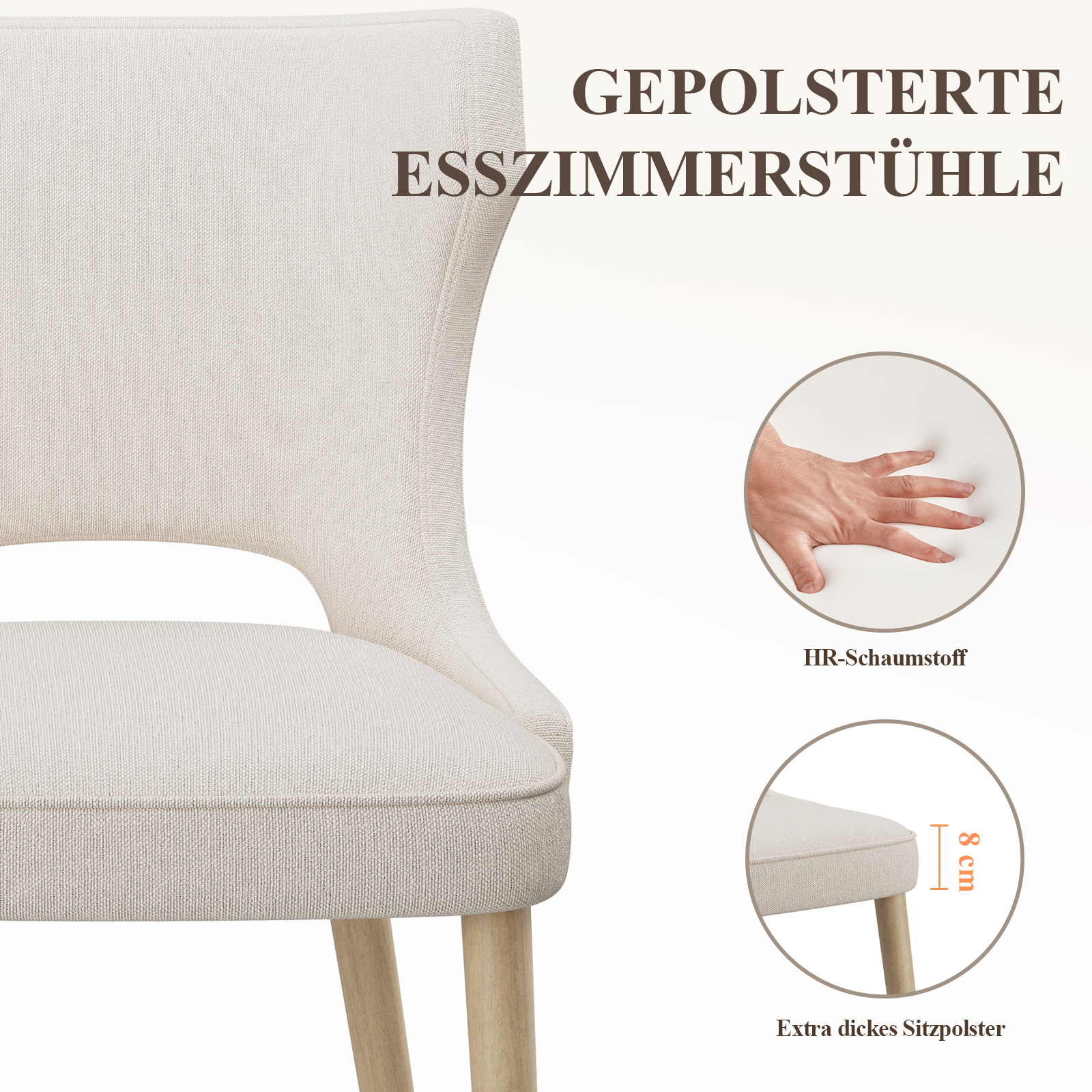 Sedia da pranzo imbottita con schiuma e gambe in legno.