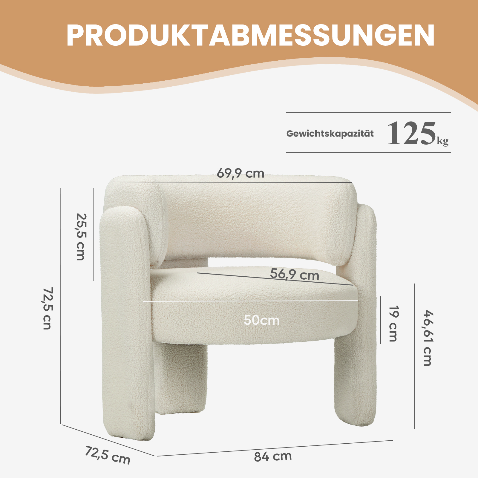 Ein cremefarbener Teddy-Sessel mit Maßen: 69,9x84x72,5cm. Belastbarkeit 125kg.