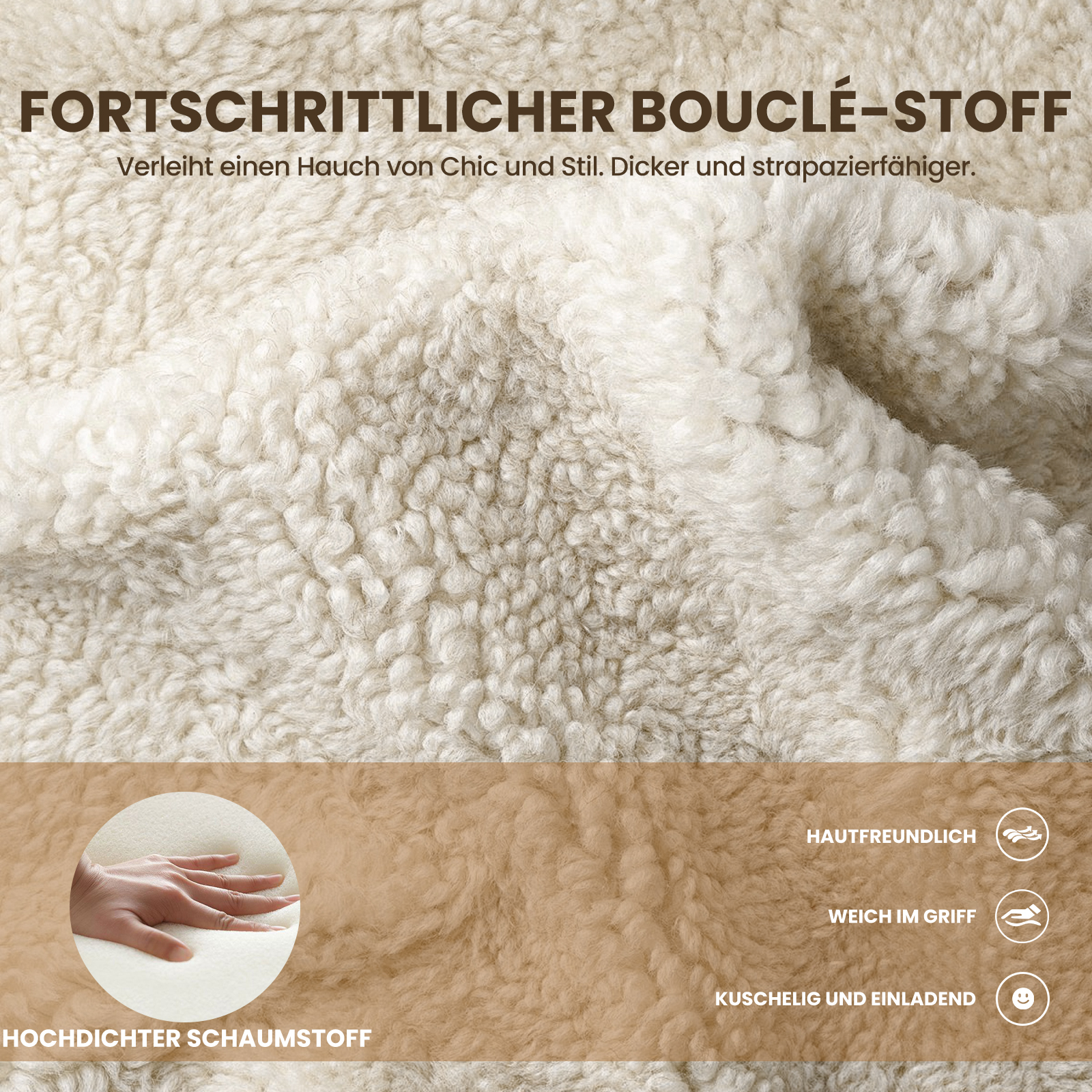 Textur von beigem Bouclé-Stoff mit deutschen Text-Overlays.