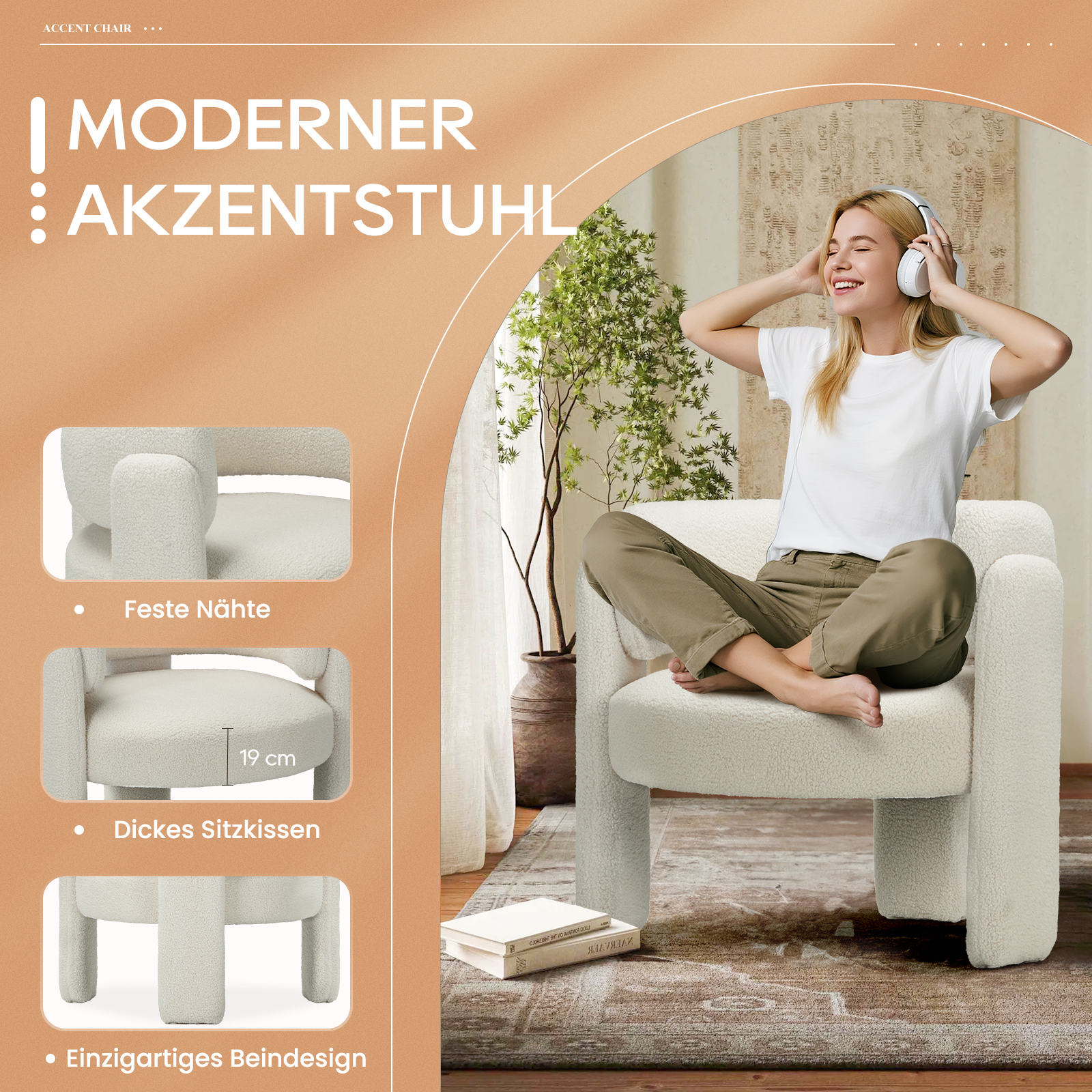 Frau mit Kopfhörern sitzt auf einem beigen Teddy-Sessel, der auf einem Teppich steht.