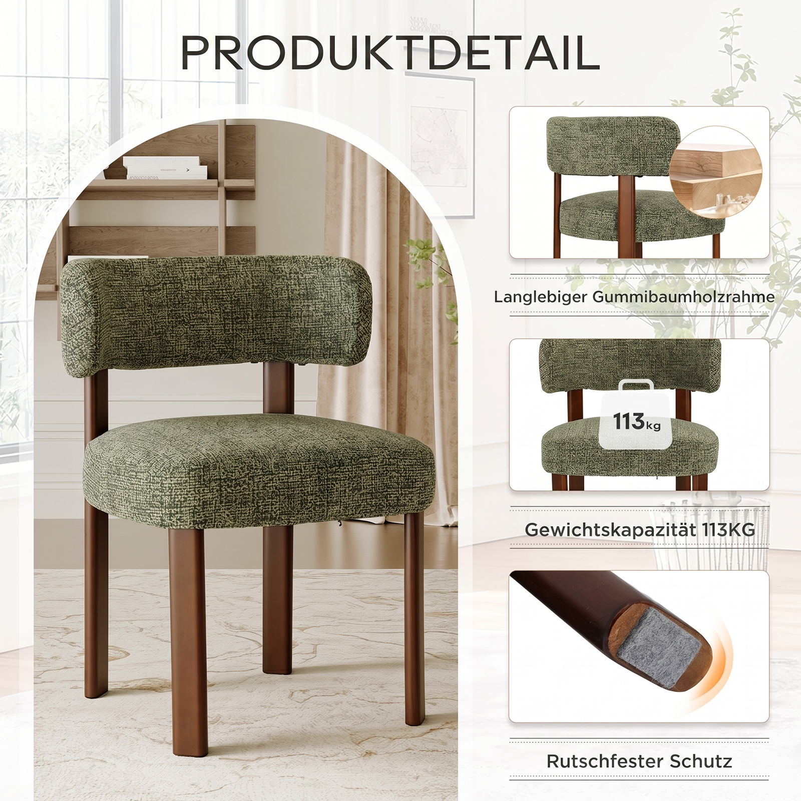 Una sedia verde con accenti in legno e caratteristiche del prodotto.