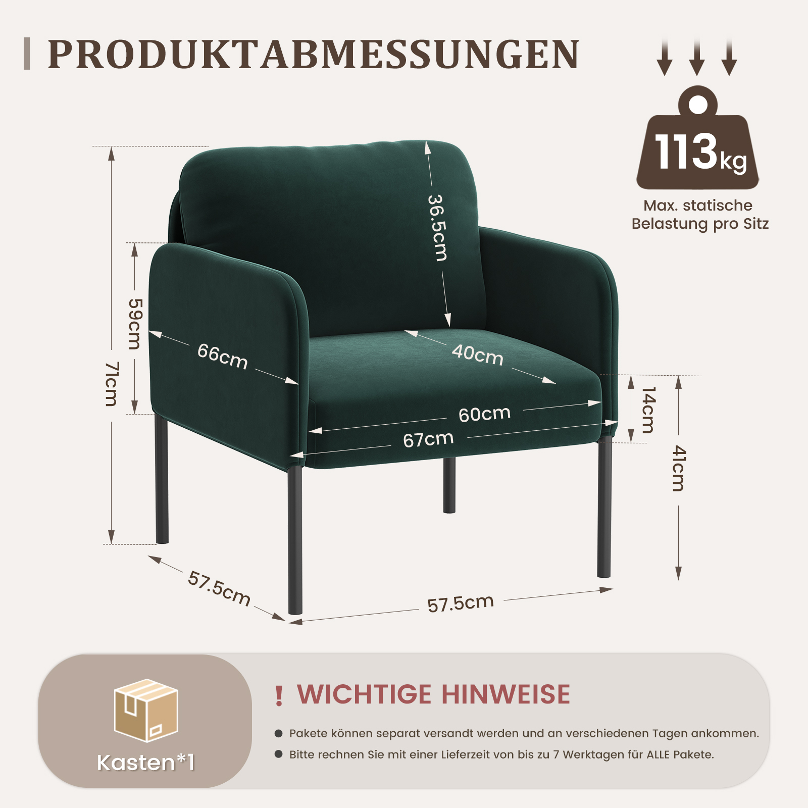 Una poltrona verde scuro con dimensioni e limite di peso di 113 kg.