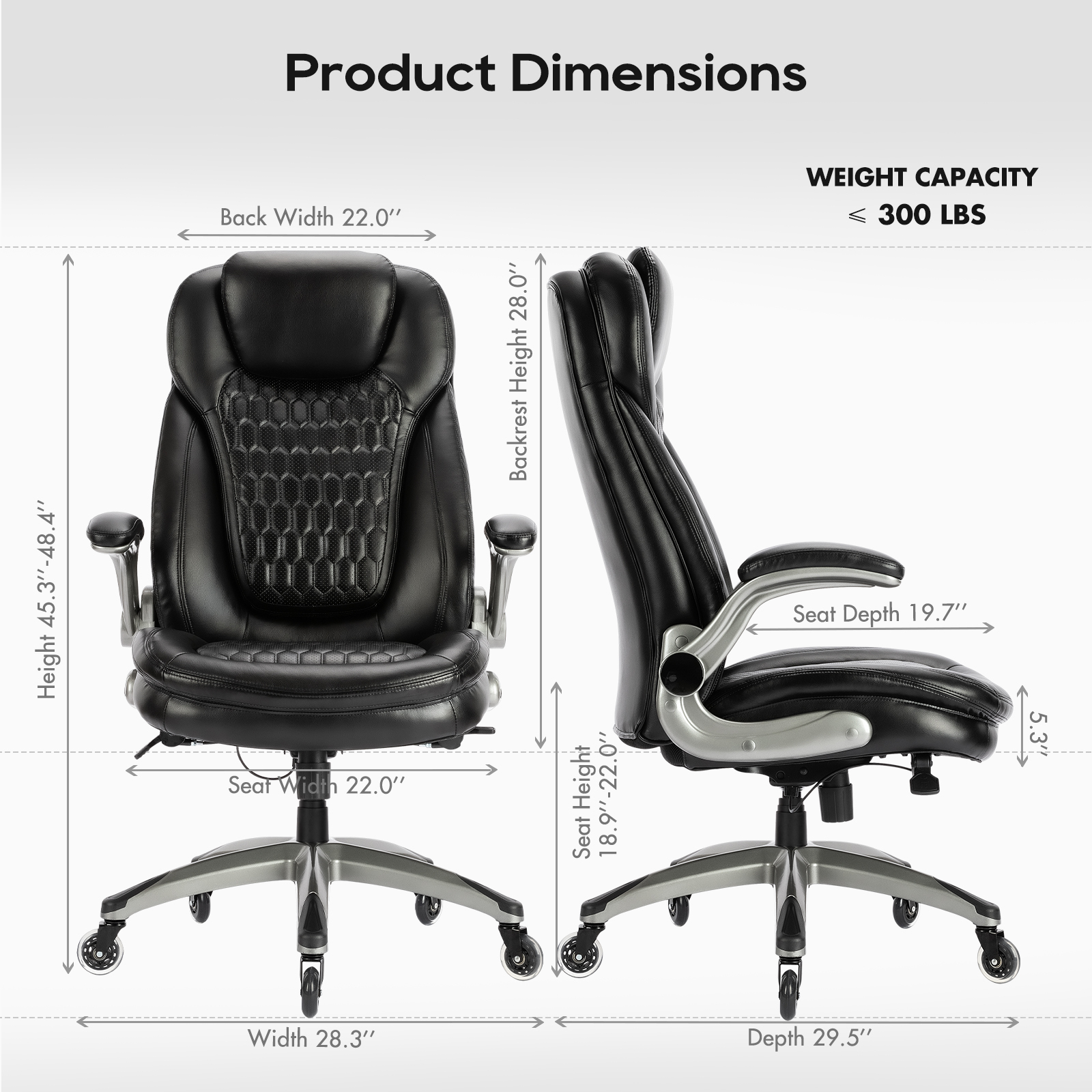 Silla de oficina negra con dimensiones: alto 45,3-48,4 pulgadas, ancho 28,3 pulgadas.
