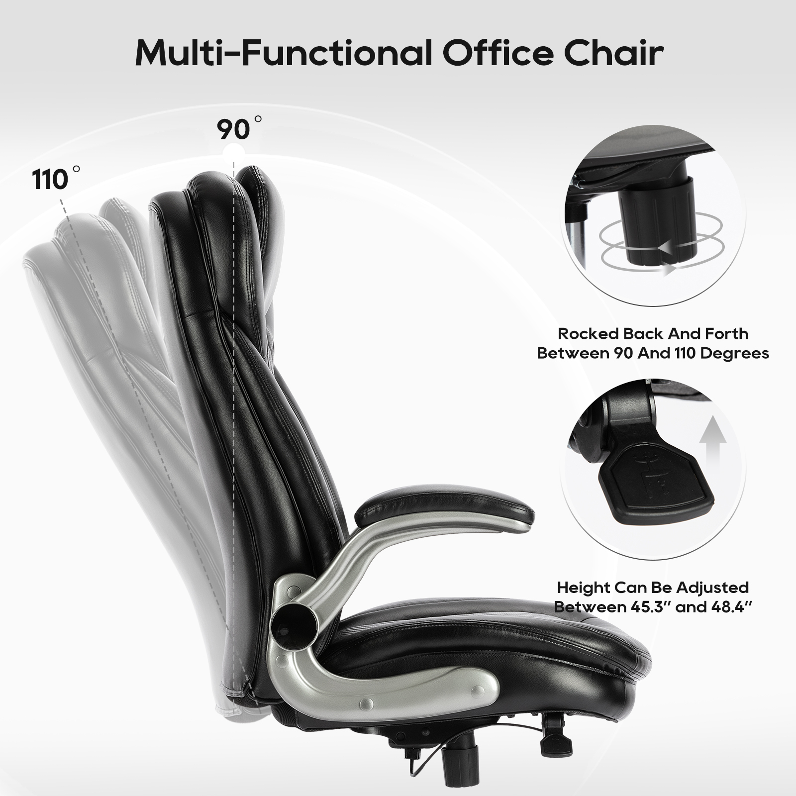 Silla de oficina negra con respaldo y altura de asiento ajustables.
