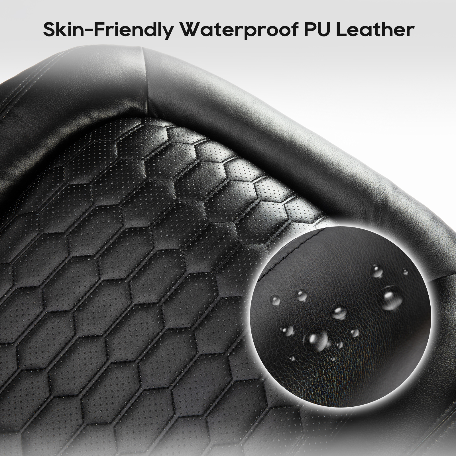 Cuero PU negro con patrón hexagonal y gotas de agua en un círculo.