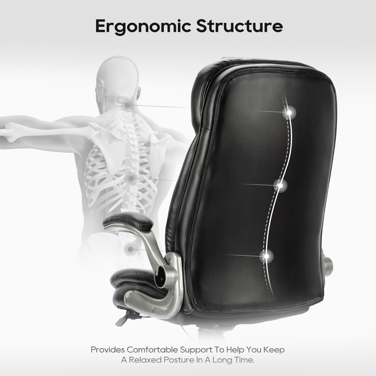 Silla de oficina negra con respaldo ergonómico y superposición de esqueleto.