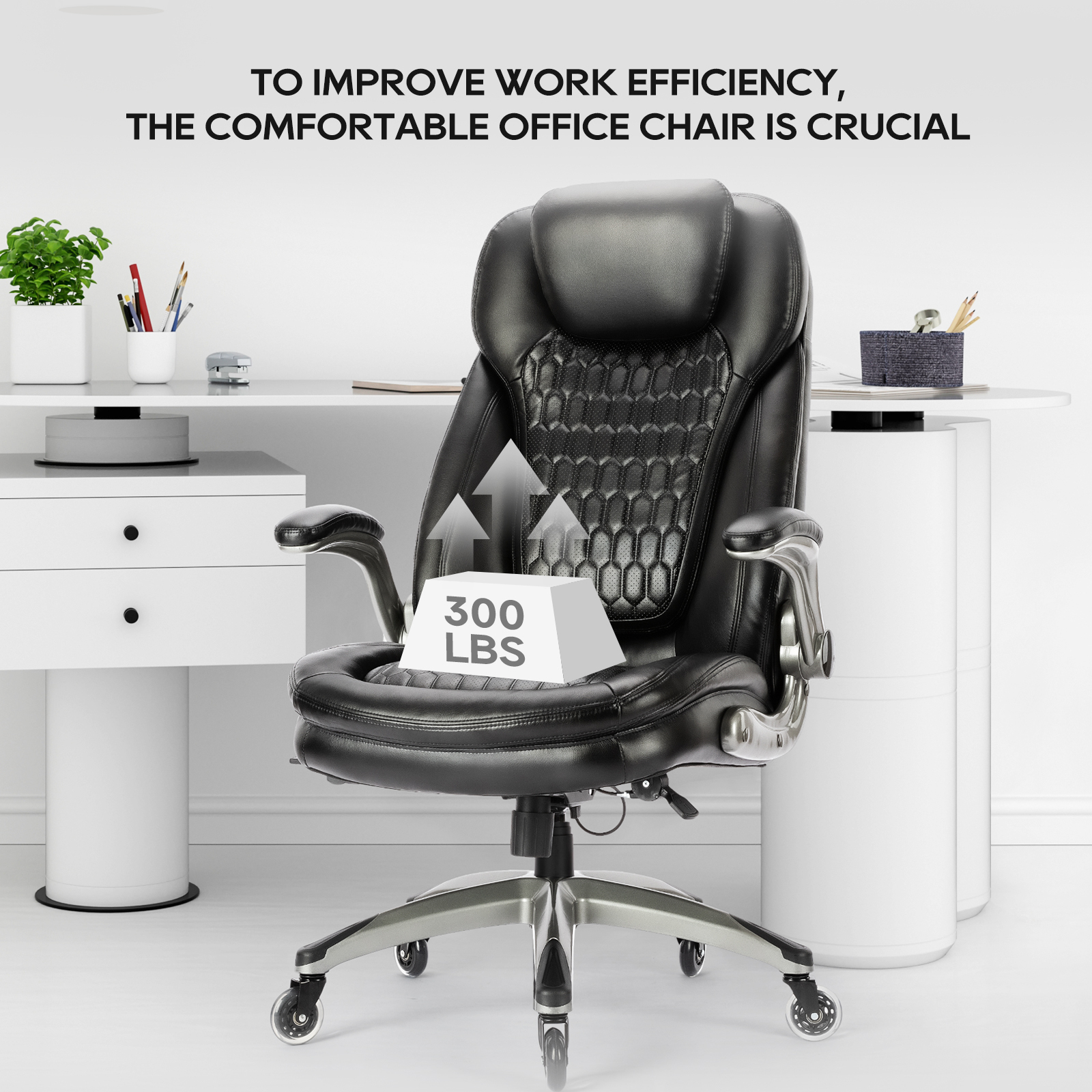 Silla de oficina negra con base y ruedas plateadas, capacidad 300 lbs.