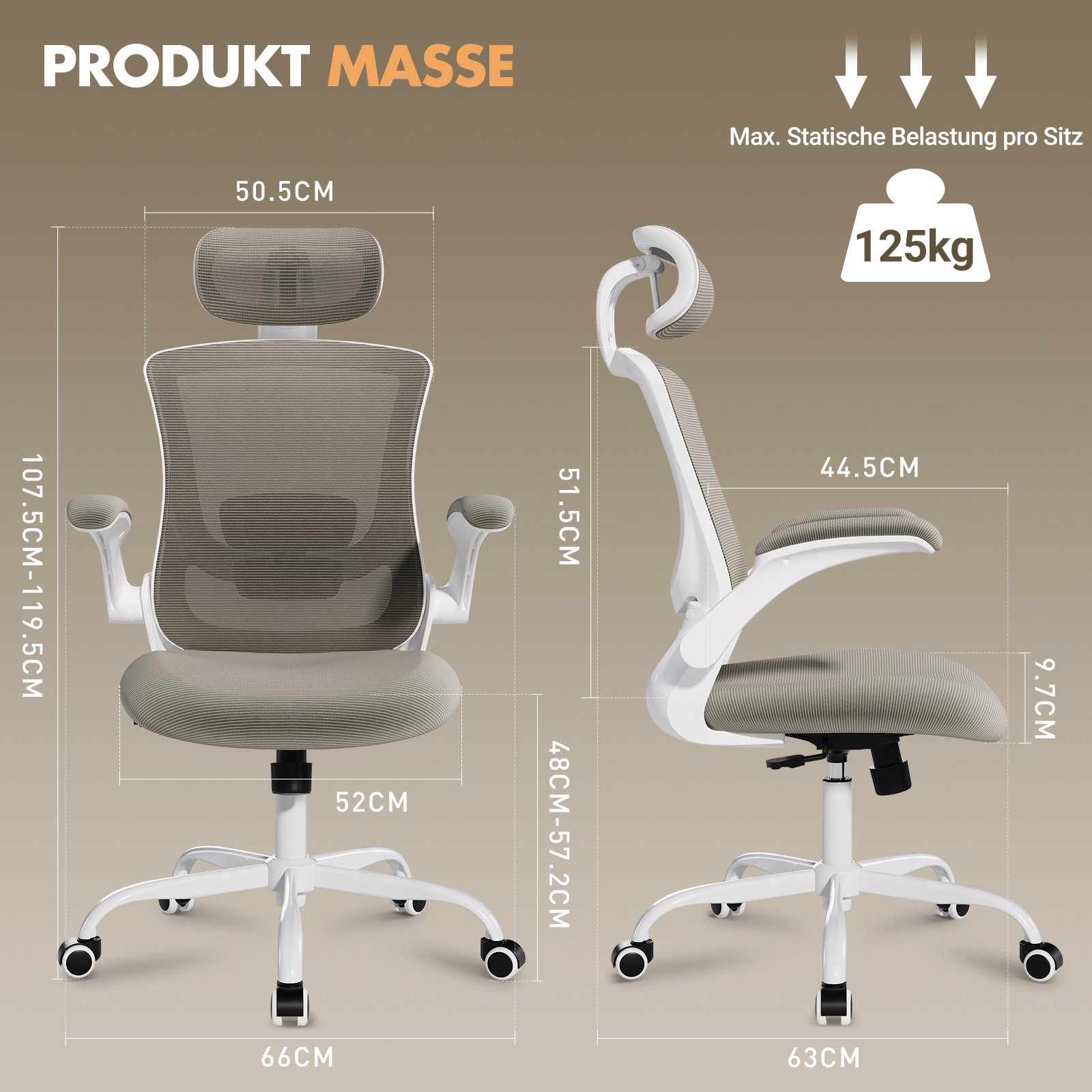 Silla de oficina gris con dimensiones y carga máxima de 125 kg.