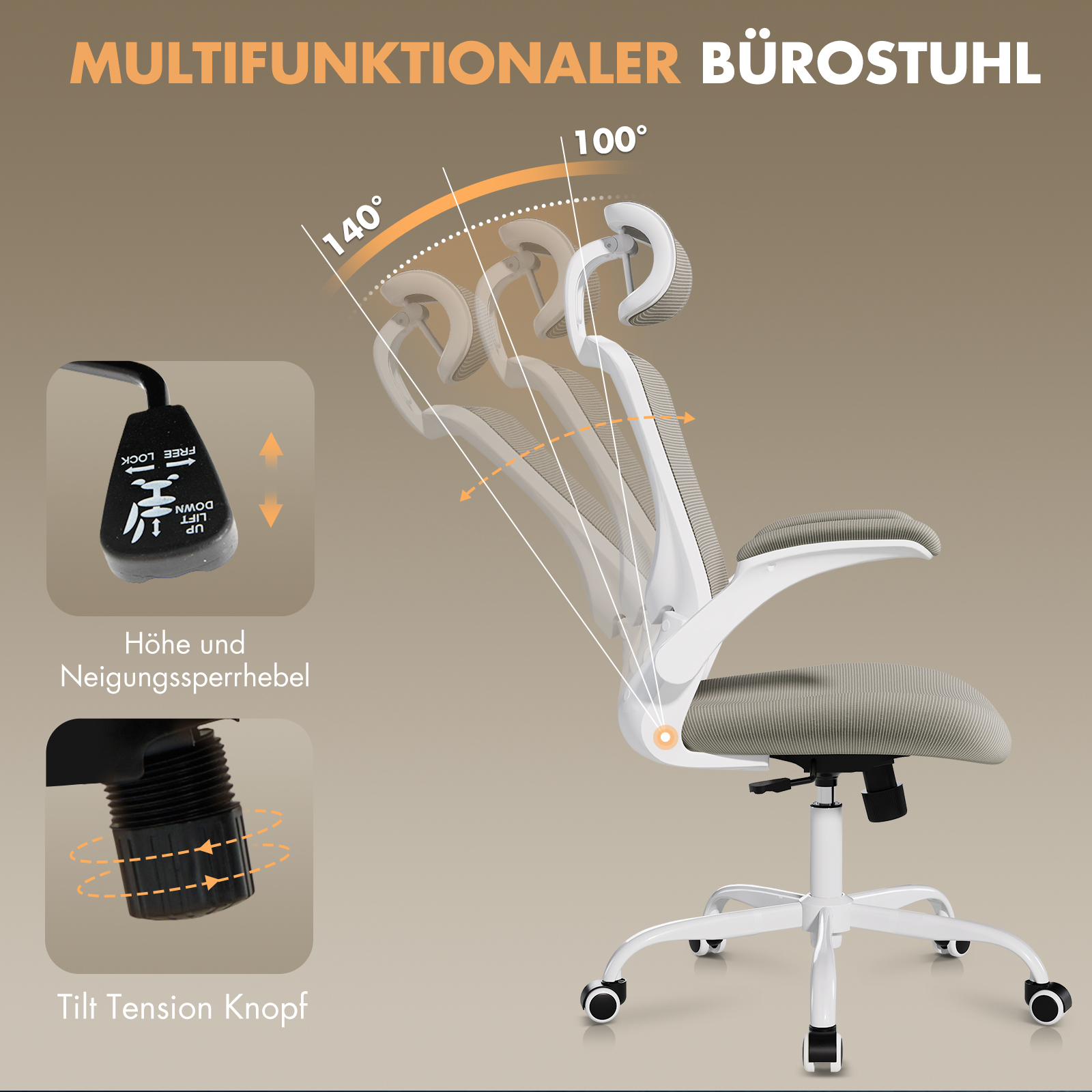 Una silla de oficina blanca con tapicería gris, respaldo ajustable y palancas de control.