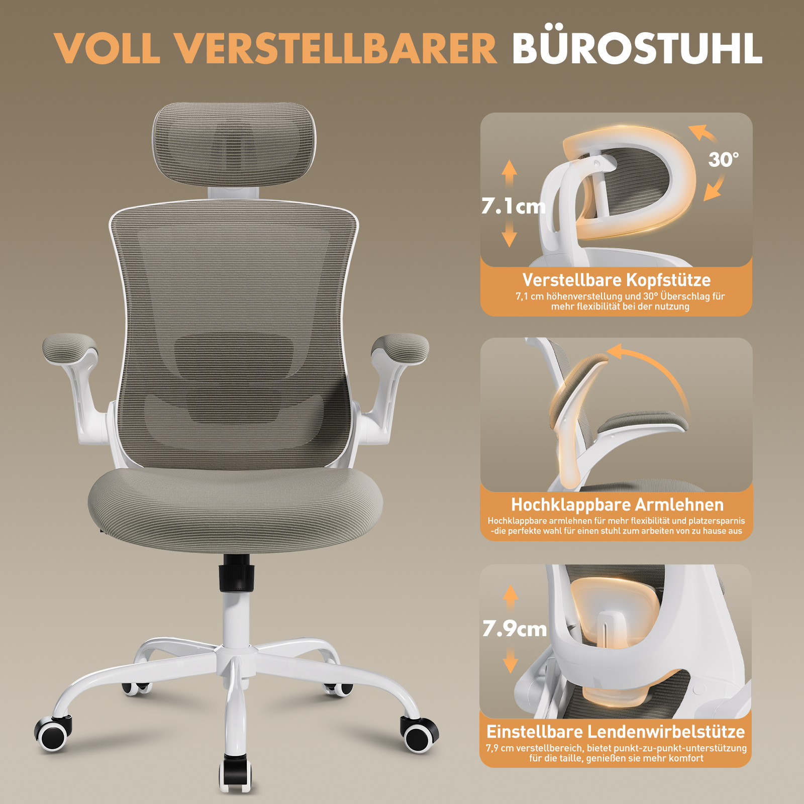 Silla de oficina gris con reposacabezas, reposabrazos y soporte lumbar ajustables.