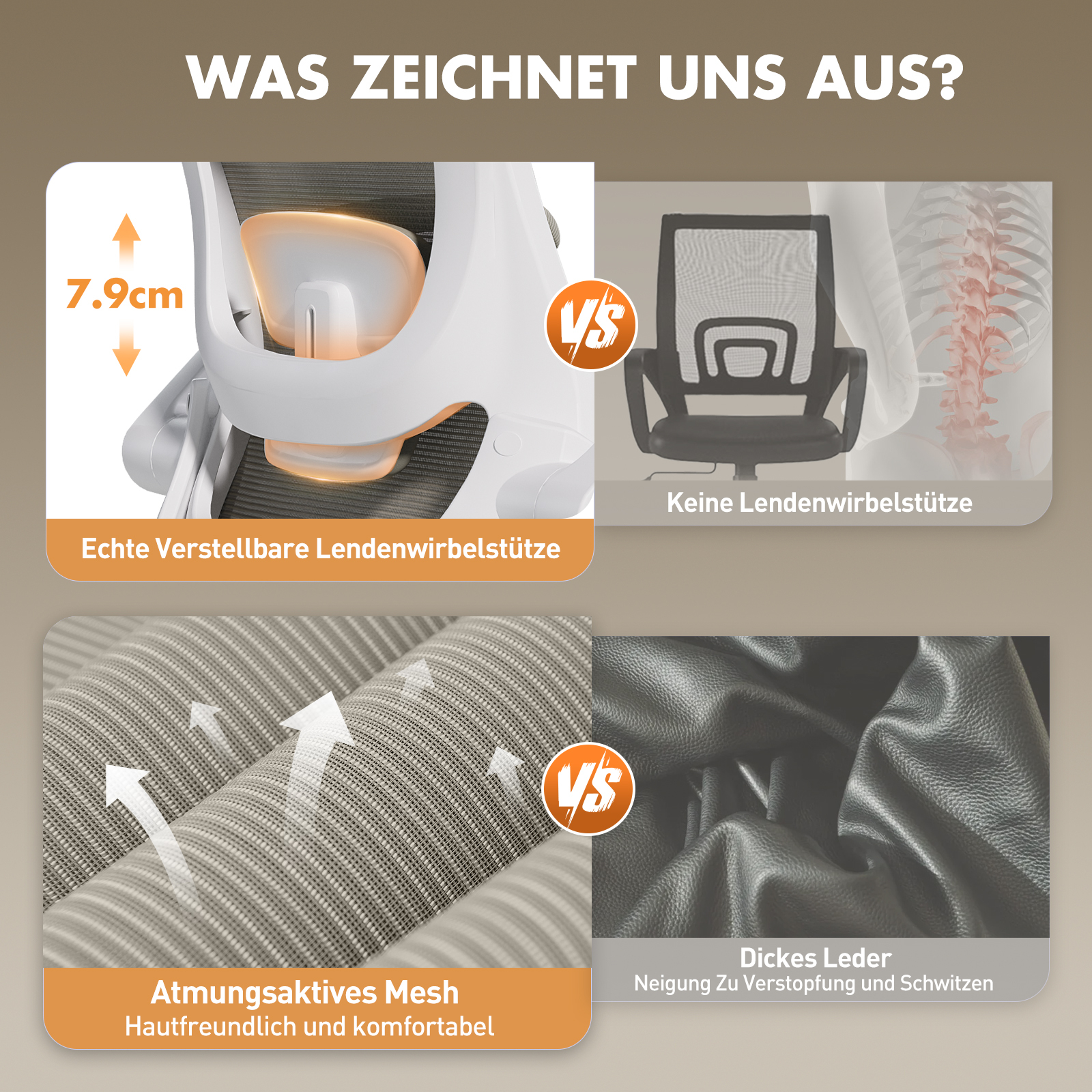 Comparación de características de sillas de oficina: soporte lumbar y malla transpirable vs. cuero.