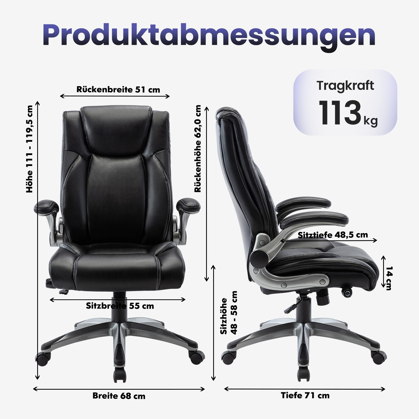 Dimensiones del producto de una silla de oficina negra con medidas.