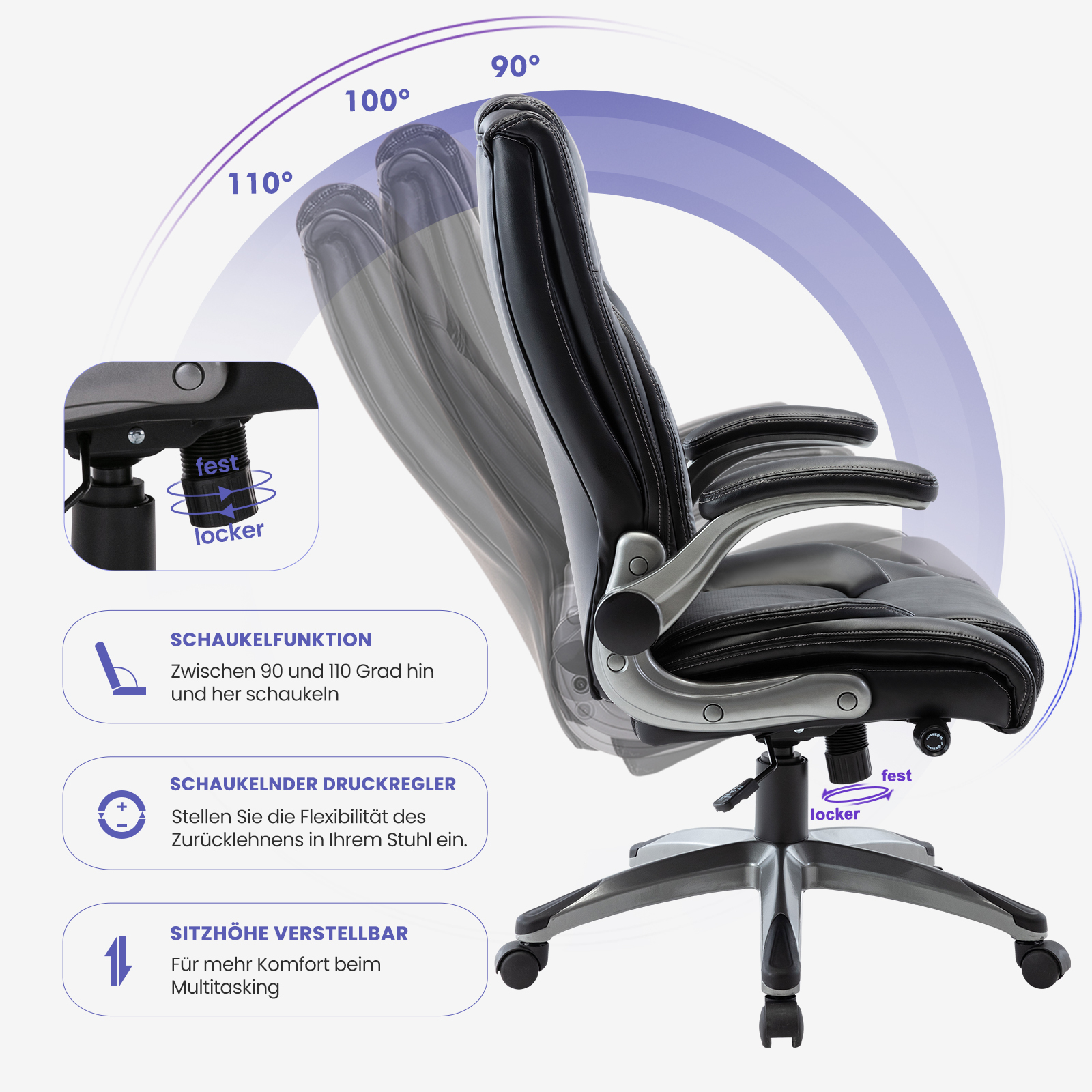 Una silla de oficina negra que muestra la función de balanceo y altura ajustable.