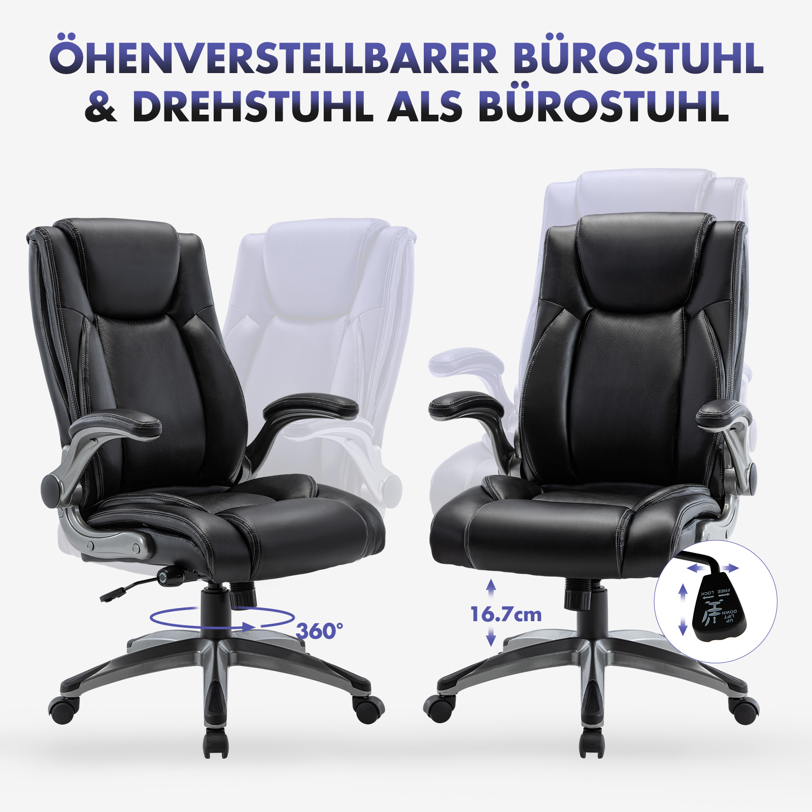 Silla de oficina negra con 5 ruedas, altura ajustable y giratoria 360°.
