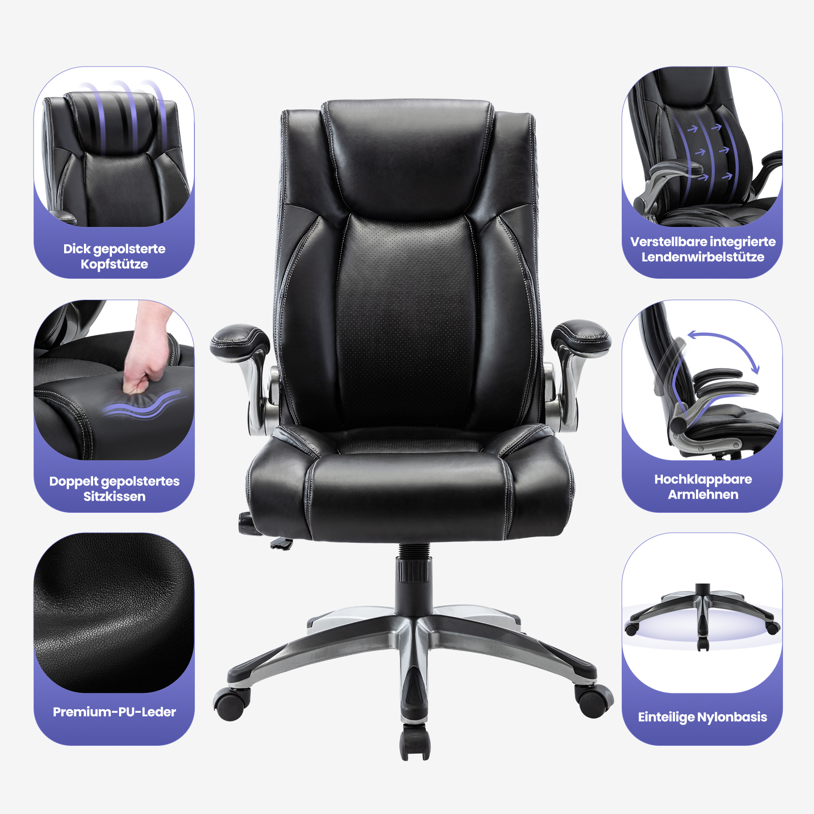 Silla de oficina negra con elementos acolchados y base con ruedas.