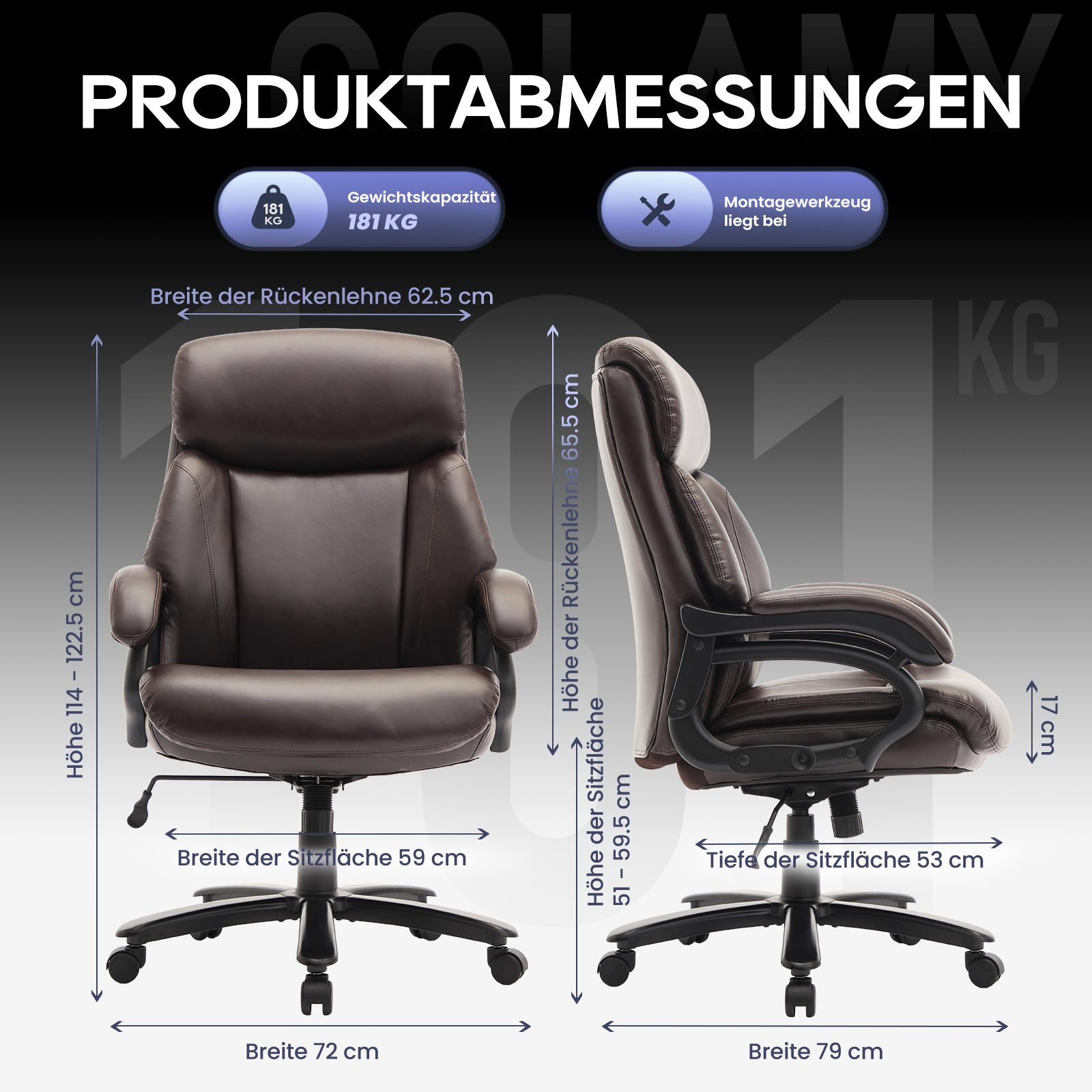Silla de oficina marrón con dimensiones: Altura 114-122.5cm, Anchura 72cm.