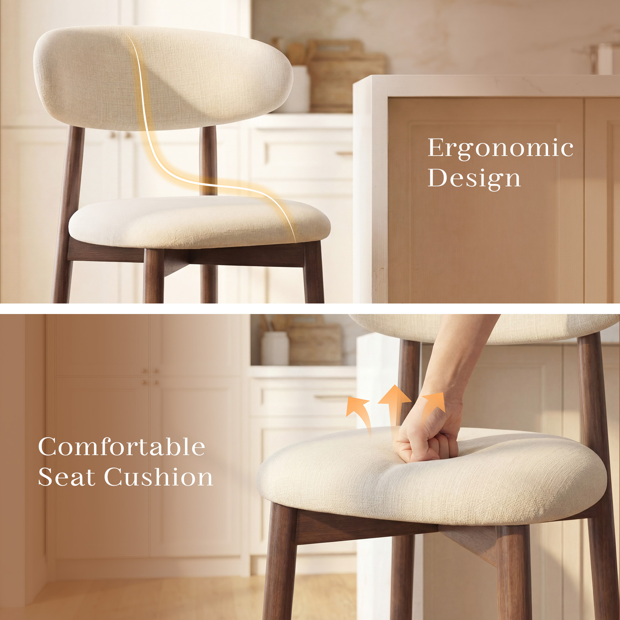 Ein beigefarbener Stuhl mit Holzbeinen, im oberen Bereich mit Text "Ergonomic Design".