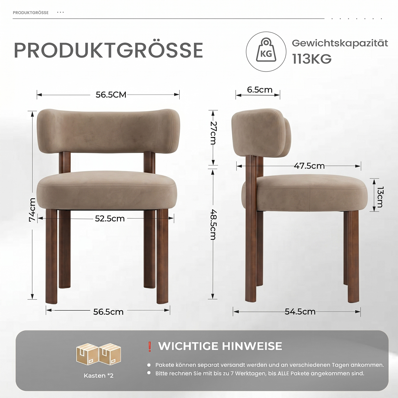 Dimensioni del prodotto di una sedia beige con gambe in legno. Capacità max. 113kg.