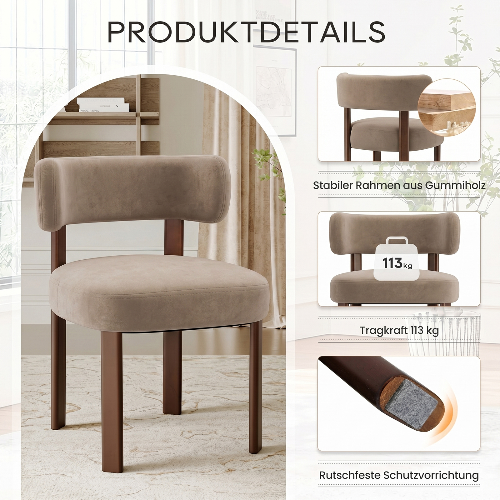 Una sedia beige con gambe in legno, che mostra i dettagli del prodotto.