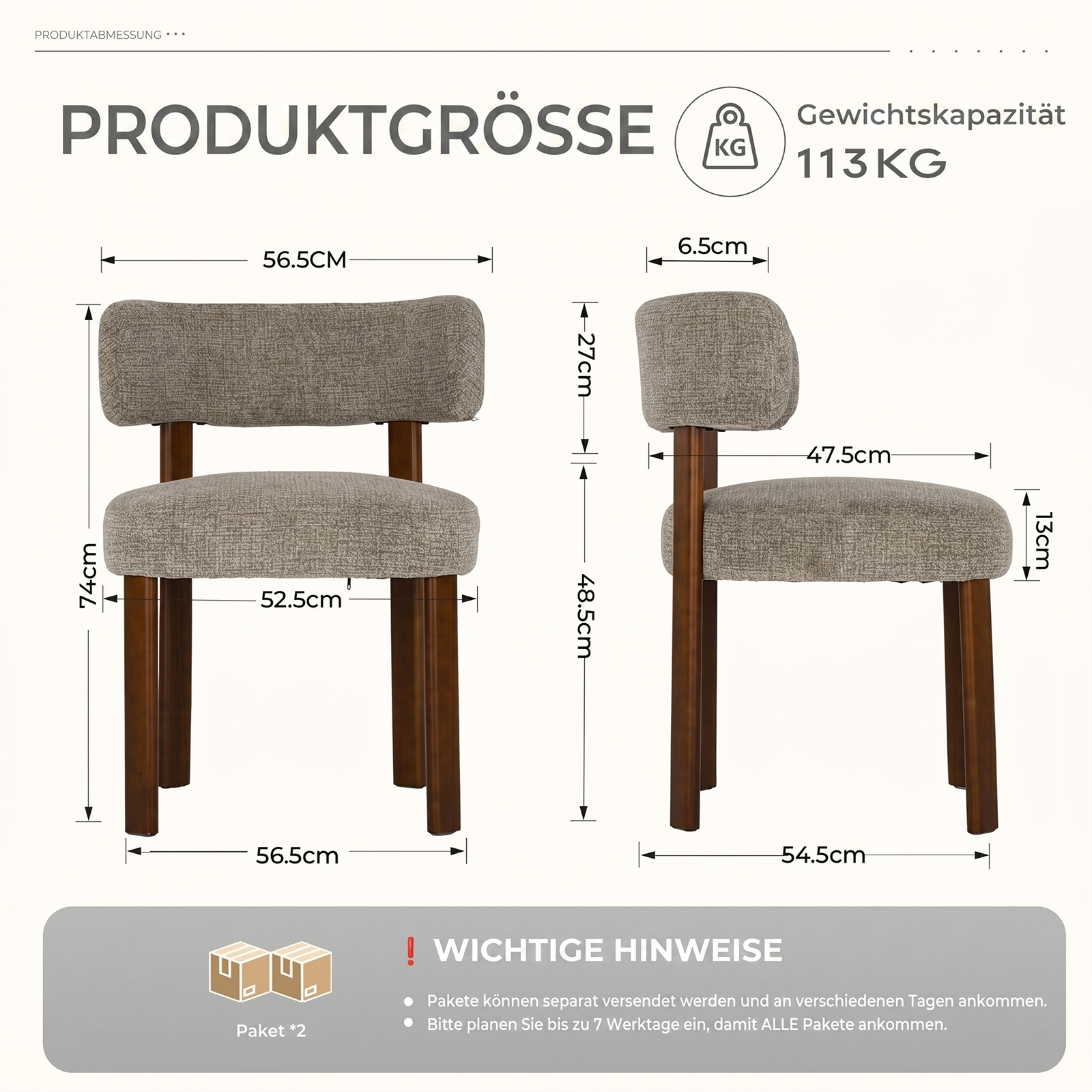 Dimensioni sedia: 56.5x52.5x74cm. Capacità di peso 113kg.