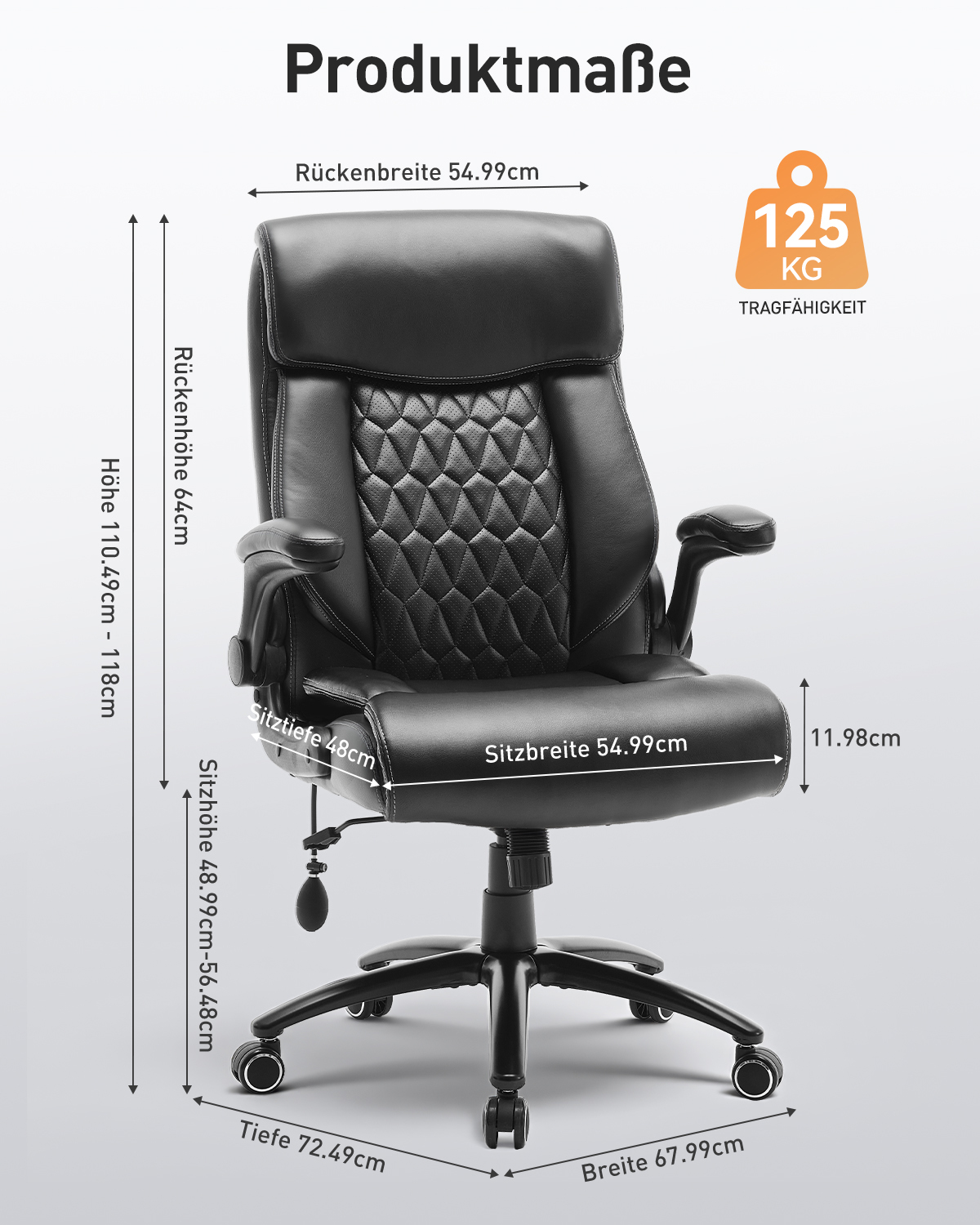 Silla de oficina negra con dimensiones detalladas de ancho de respaldo, altura, profundidad de asiento y carga.