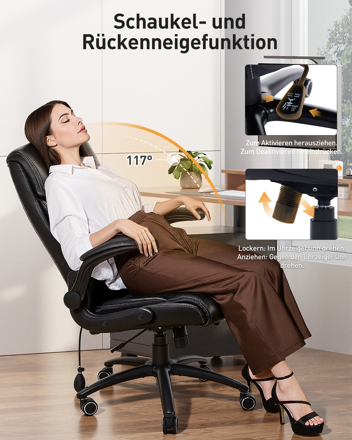 Mujer reclinada en silla de oficina mostrando función de inclinación de 117 grados.