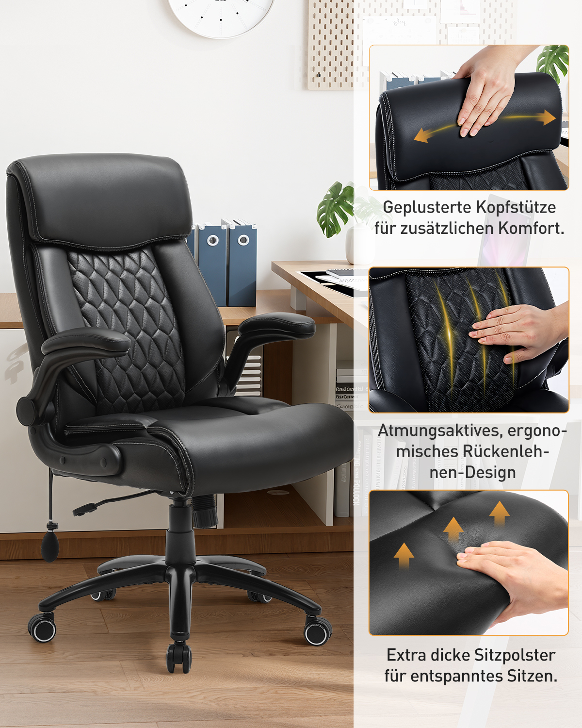 Una silla de oficina negra con reposacabezas, reposabrazos y ruedas. Detalles de confort.