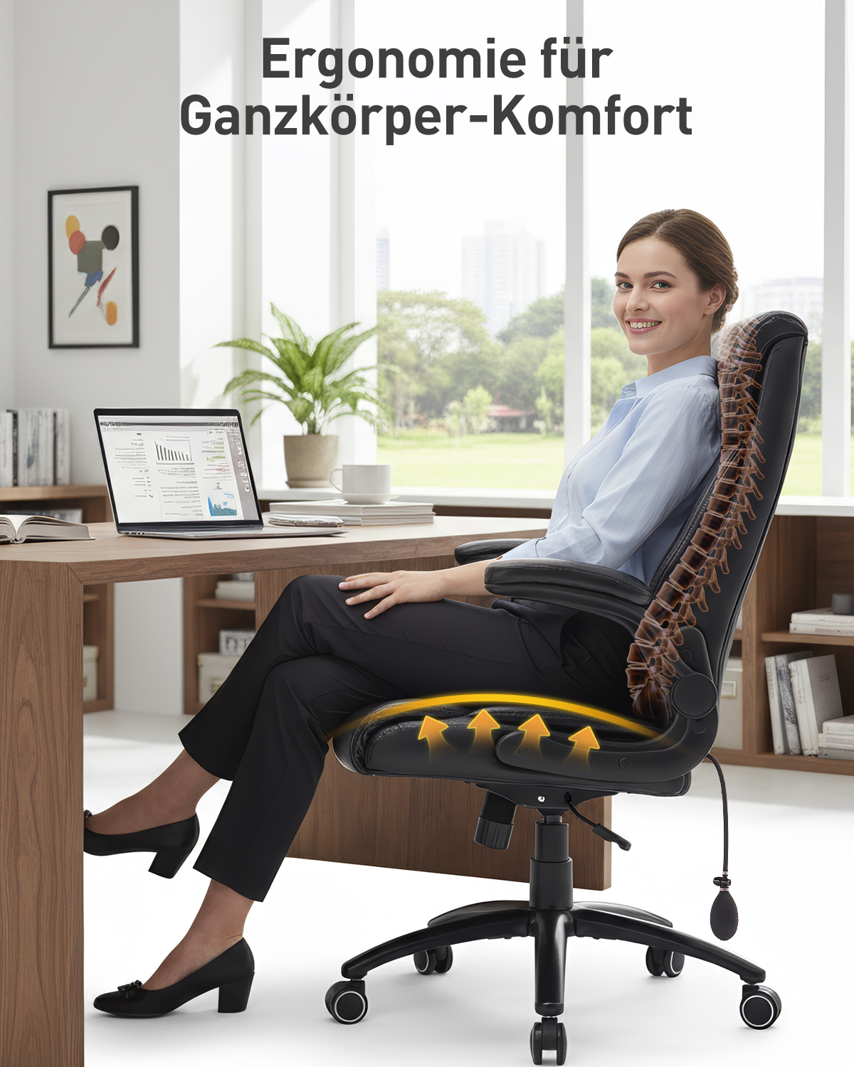 Mujer sentada en silla de oficina con soporte espinal y ajuste lumbar integrados.