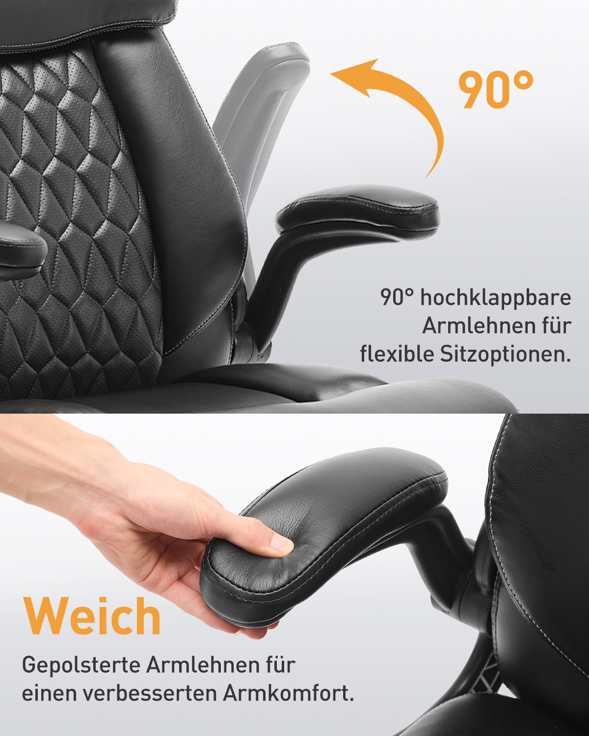 Silla de oficina negra con reposabrazos abatibles 90 grados.