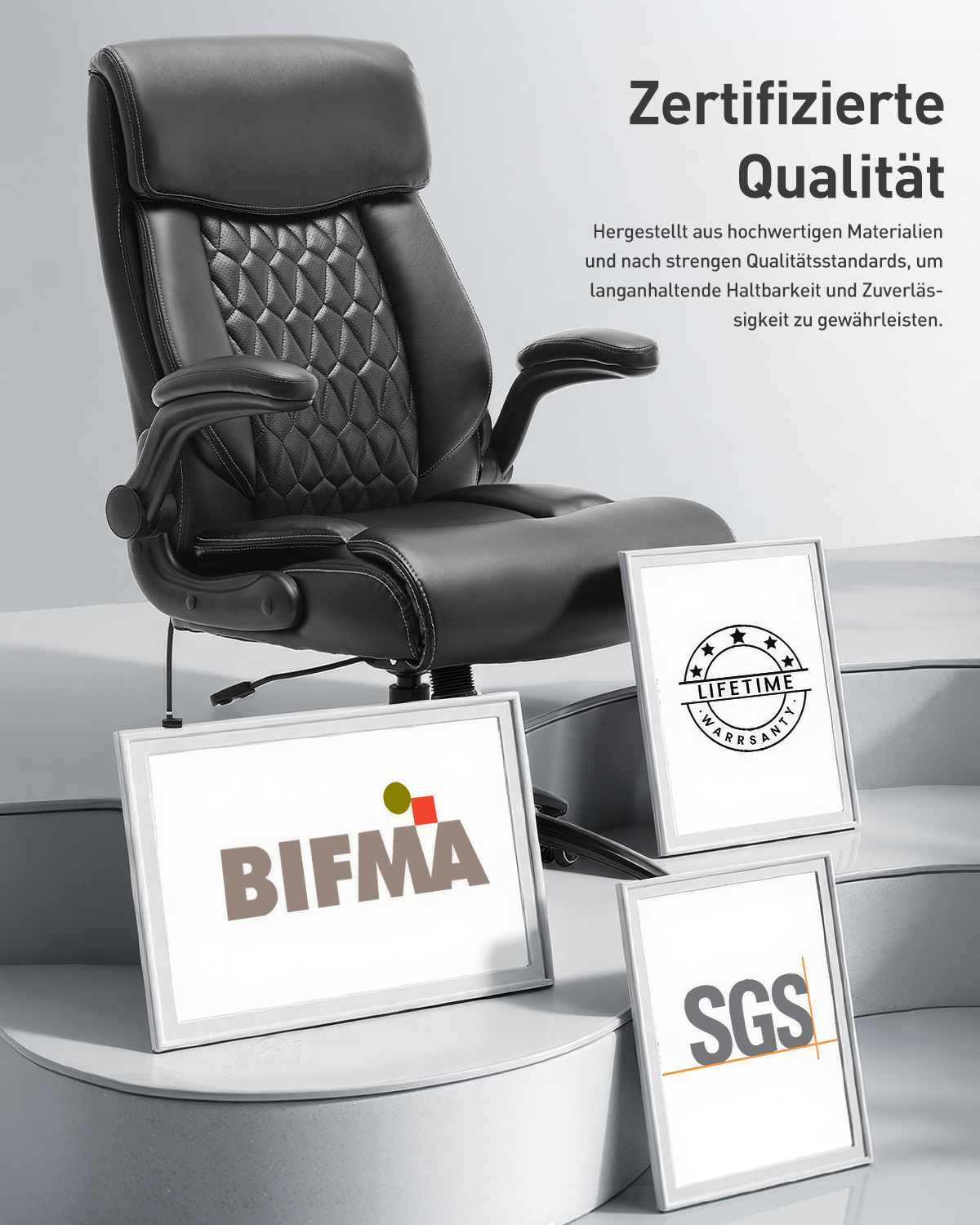 Silla de oficina negra con certificaciones: BIFMA, Garantía de por vida, SGS.