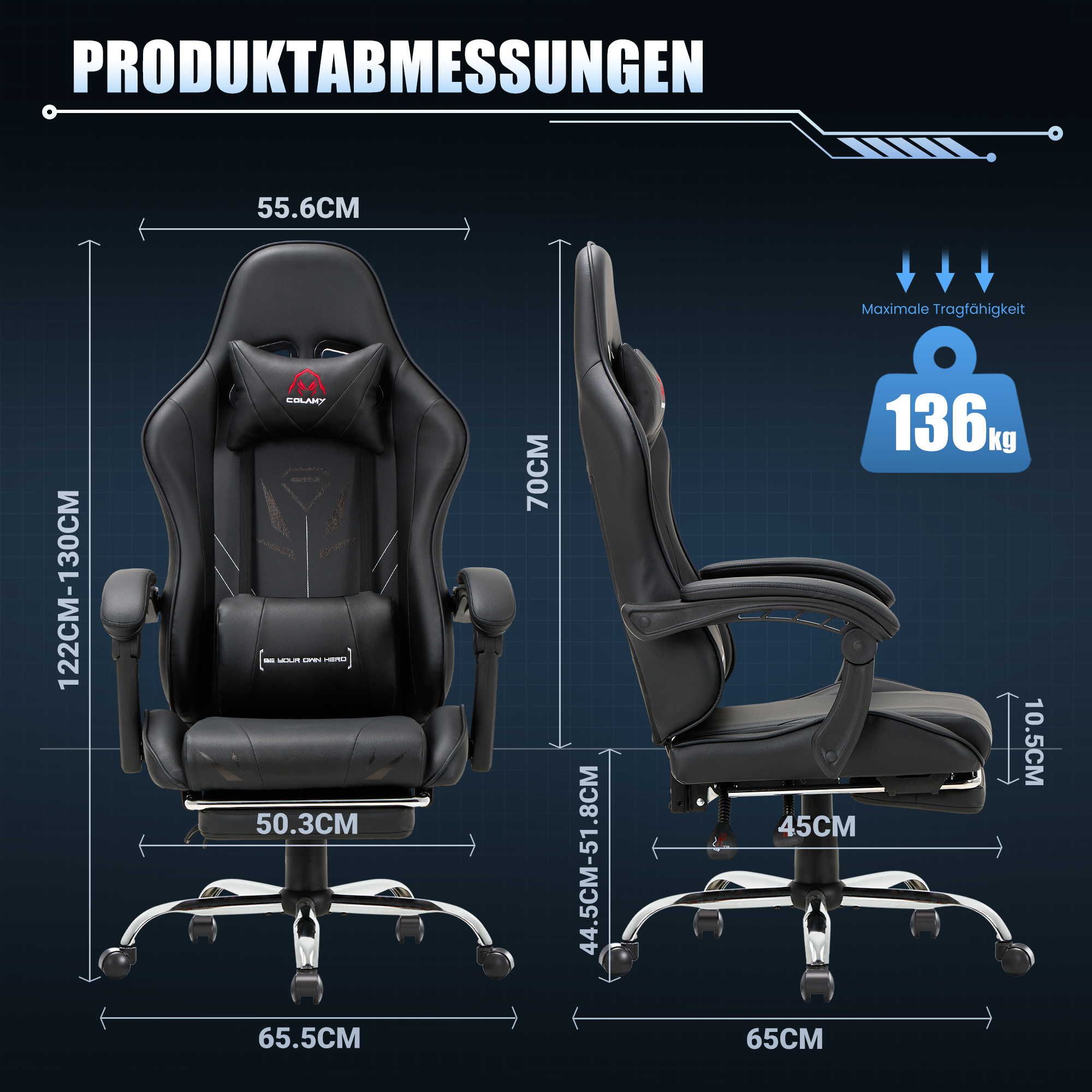 Silla gamer negra con dimensiones: 55.6cm ancho, 70cm alto, 122-130cm altura total.
