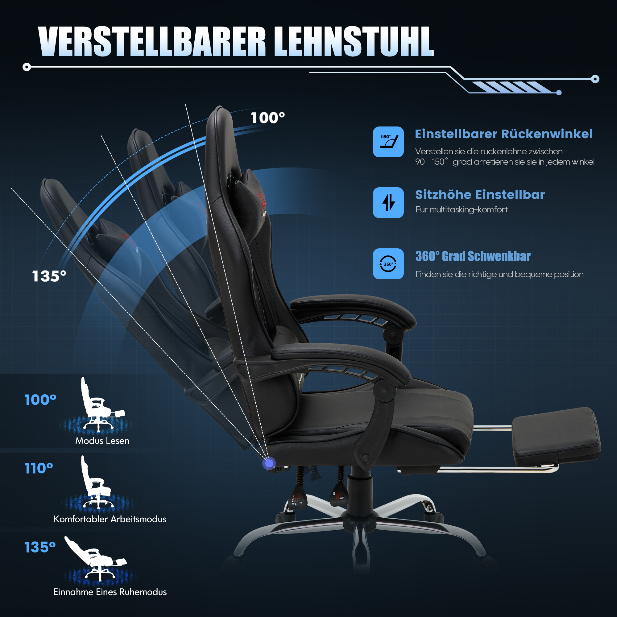 Silla gamer negra con respaldo, altura y giro ajustables.