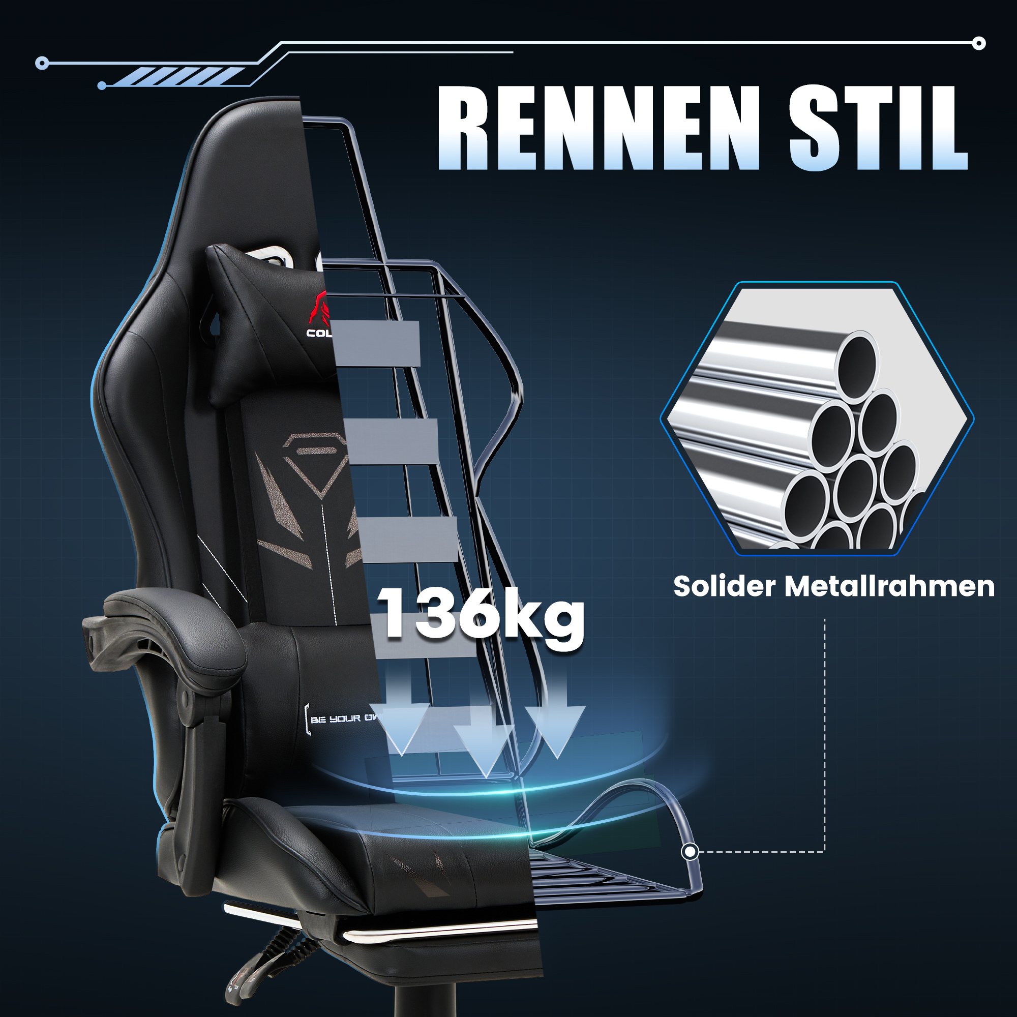 Silla gamer negra con texto "Rennen Stil" y capacidad de 136kg.