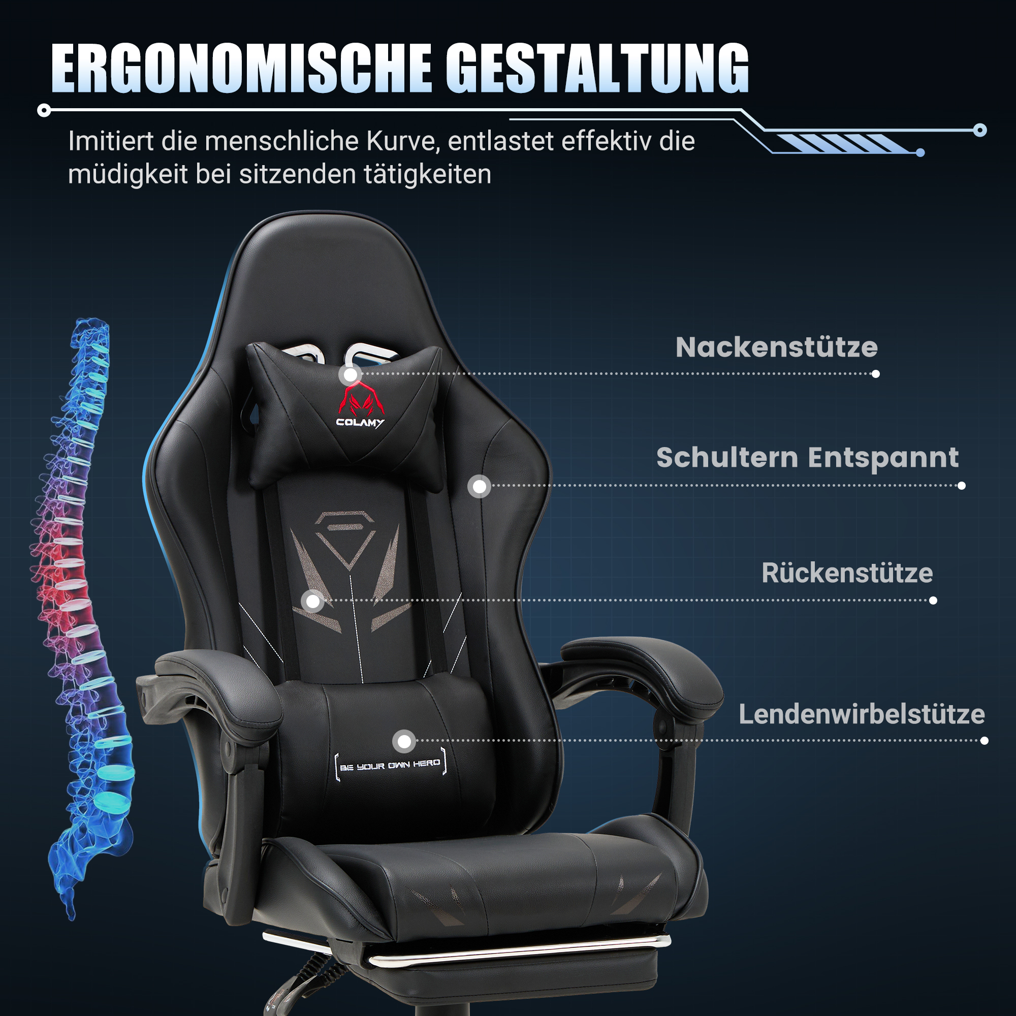 Silla de oficina ergonómica con soporte para cuello, hombros, espalda y lumbares.