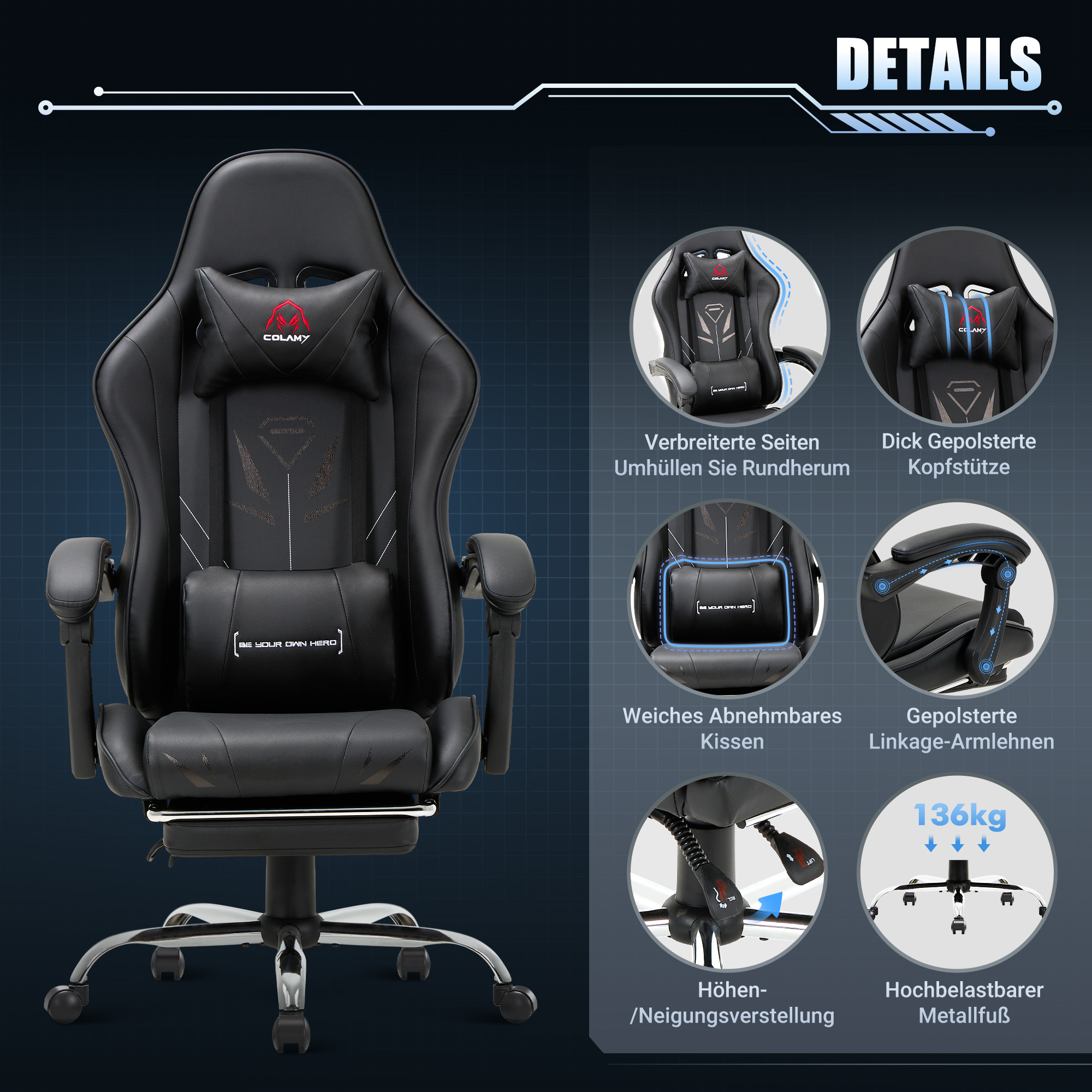 Silla gamer negra con cojines ajustables y reposabrazos acolchados.