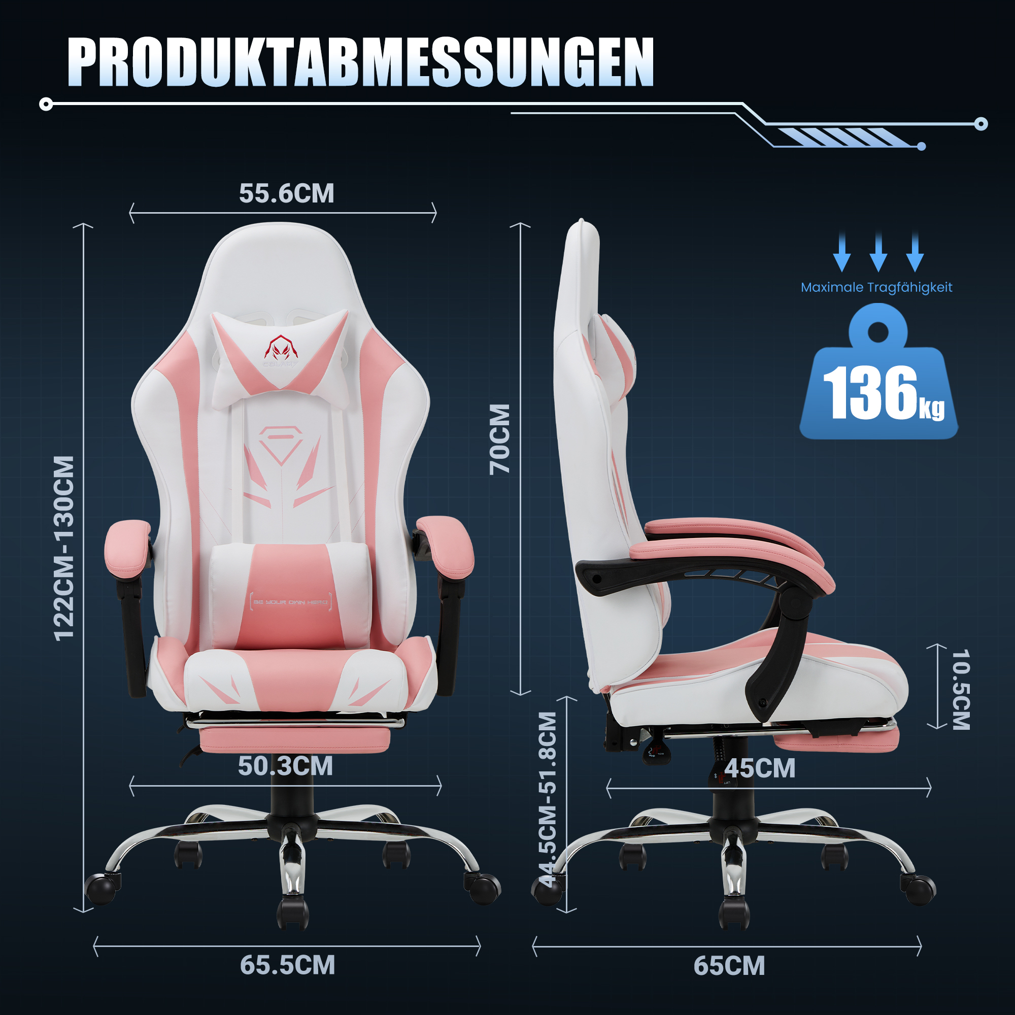 Una silla gamer blanca y rosa con dimensiones y capacidad de 136 kg.