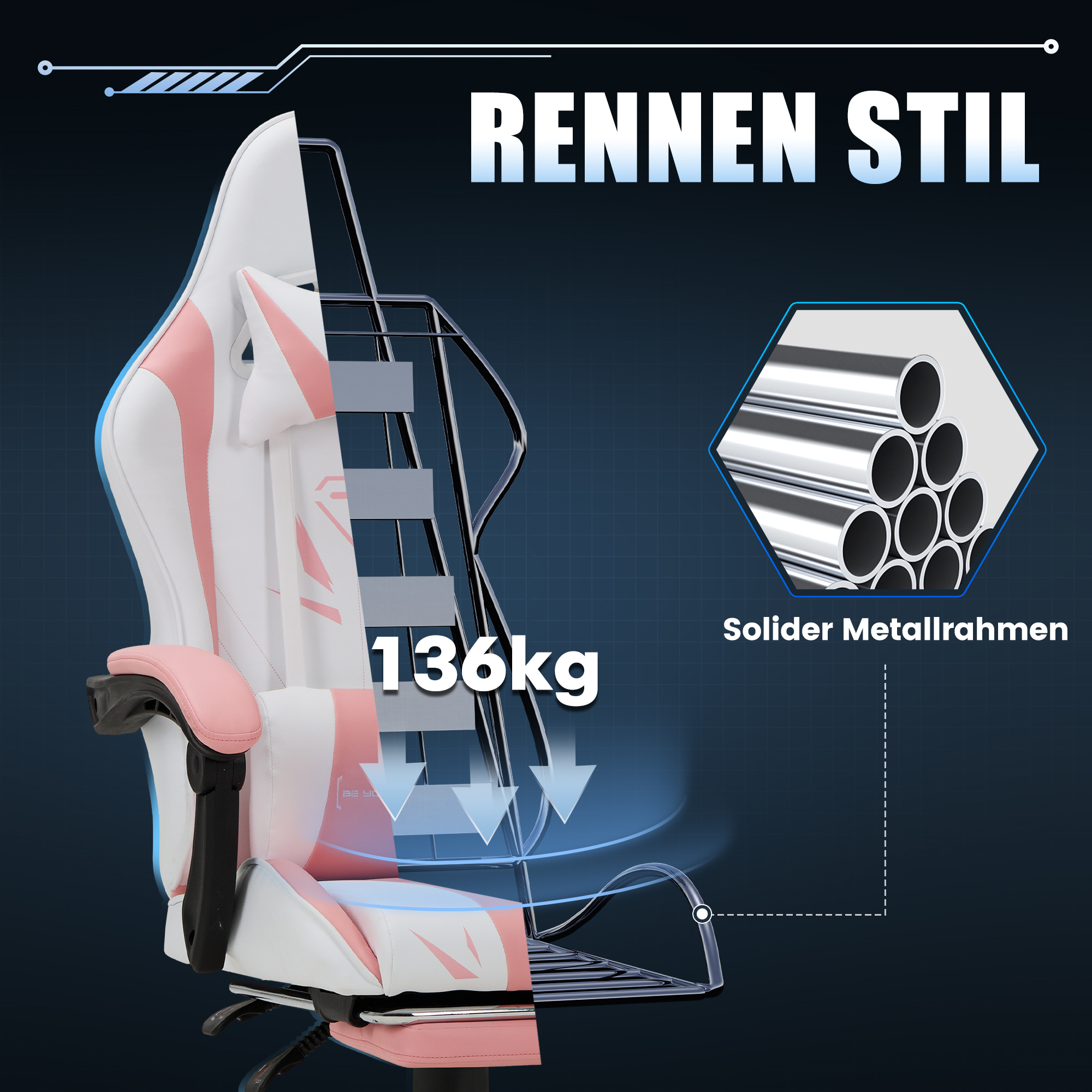 Una silla gamer blanca y rosa con tubos de metal plateado y el texto 136kg.