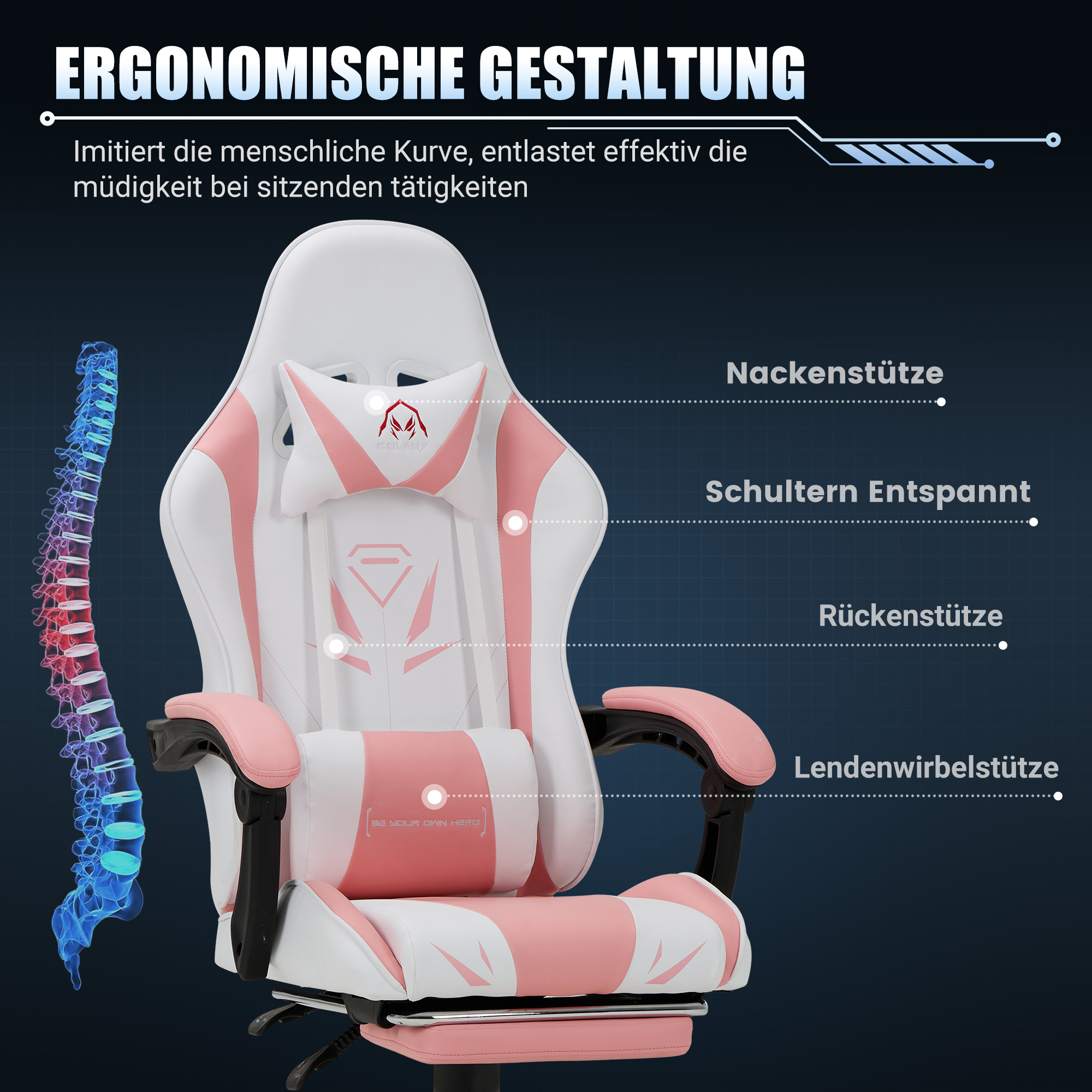 Una silla gamer blanca y rosa con soporte ergonómico, mostrada con ilustración de columna.