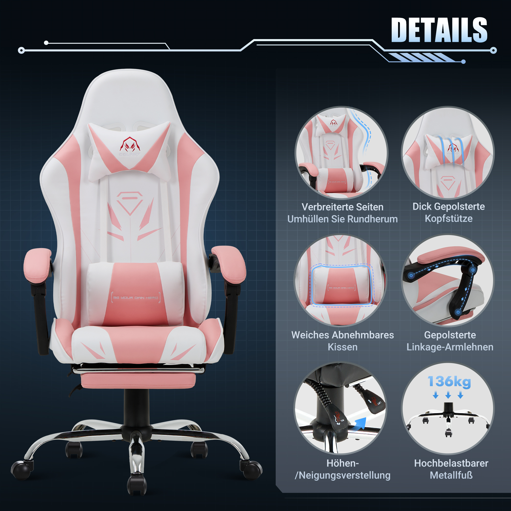 Una silla gamer blanca y rosa con detalles como reposacabezas y cojín lumbar.
