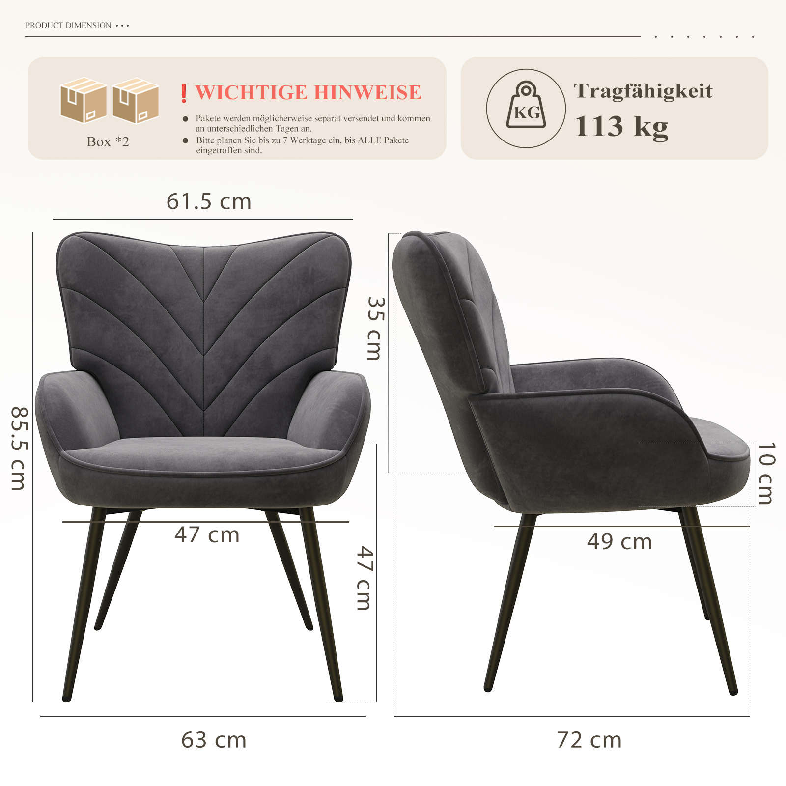 Grauer Sessel mit Maßen: 61,5x85,5x47 cm. Tragfähigkeit 113 kg.
