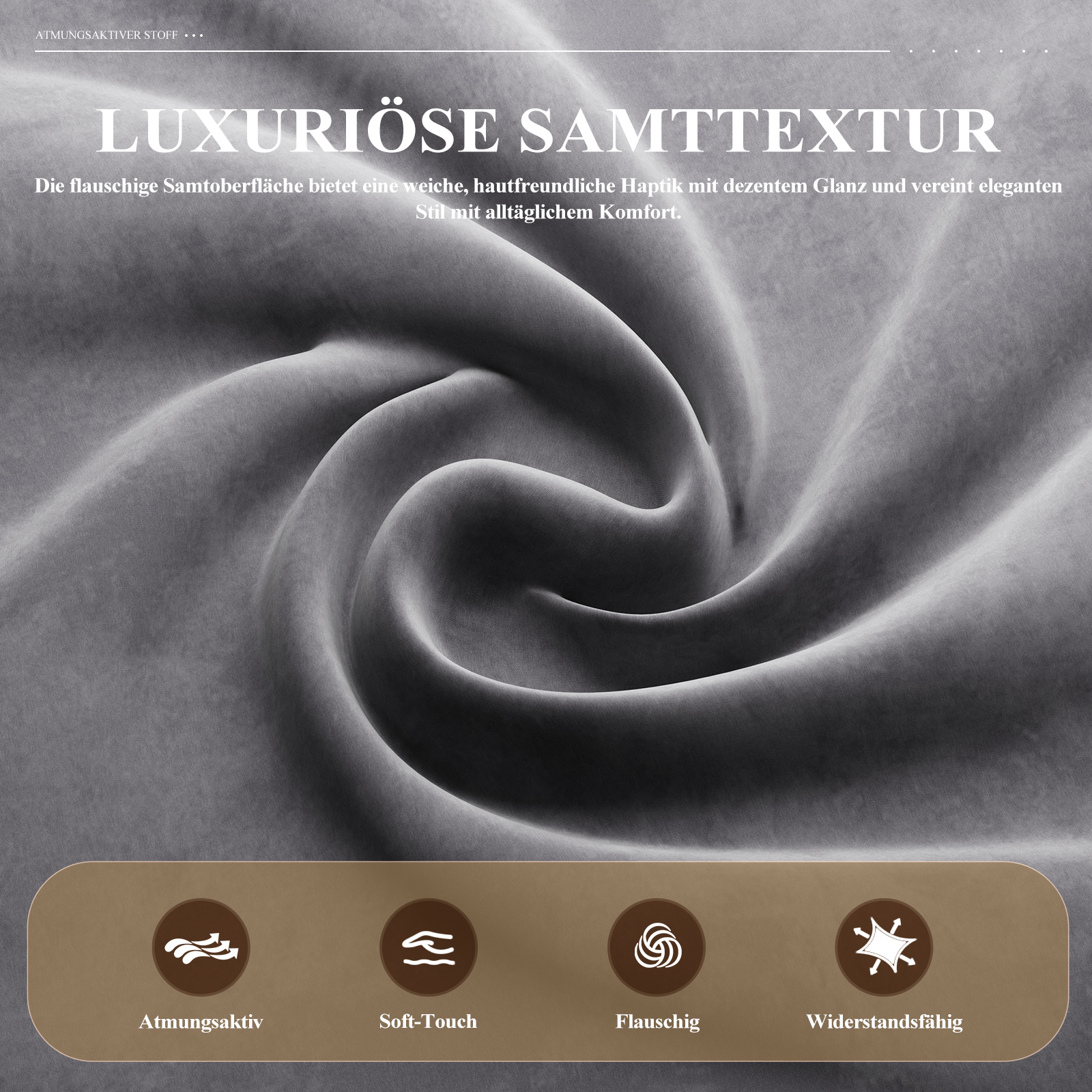 Grauer Samtstoff mit Wellenmuster und Icons für Atmungsaktiv, Soft-Touch, Flauschig, Widerstandsfähig.