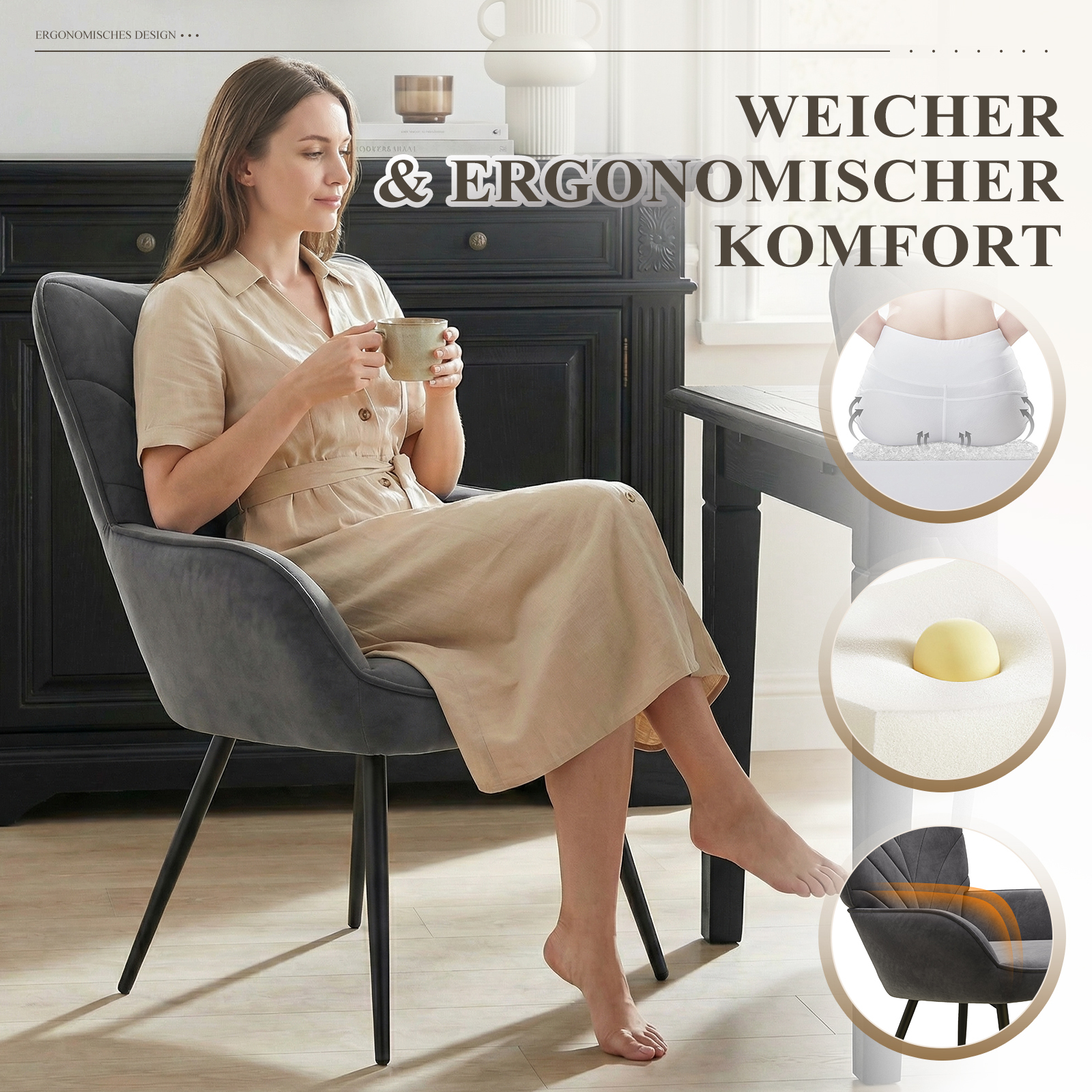 Frau sitzt auf einem grauen Stuhl und trinkt Kaffee. Nahaufnahmen zeigen Schaumstoff.