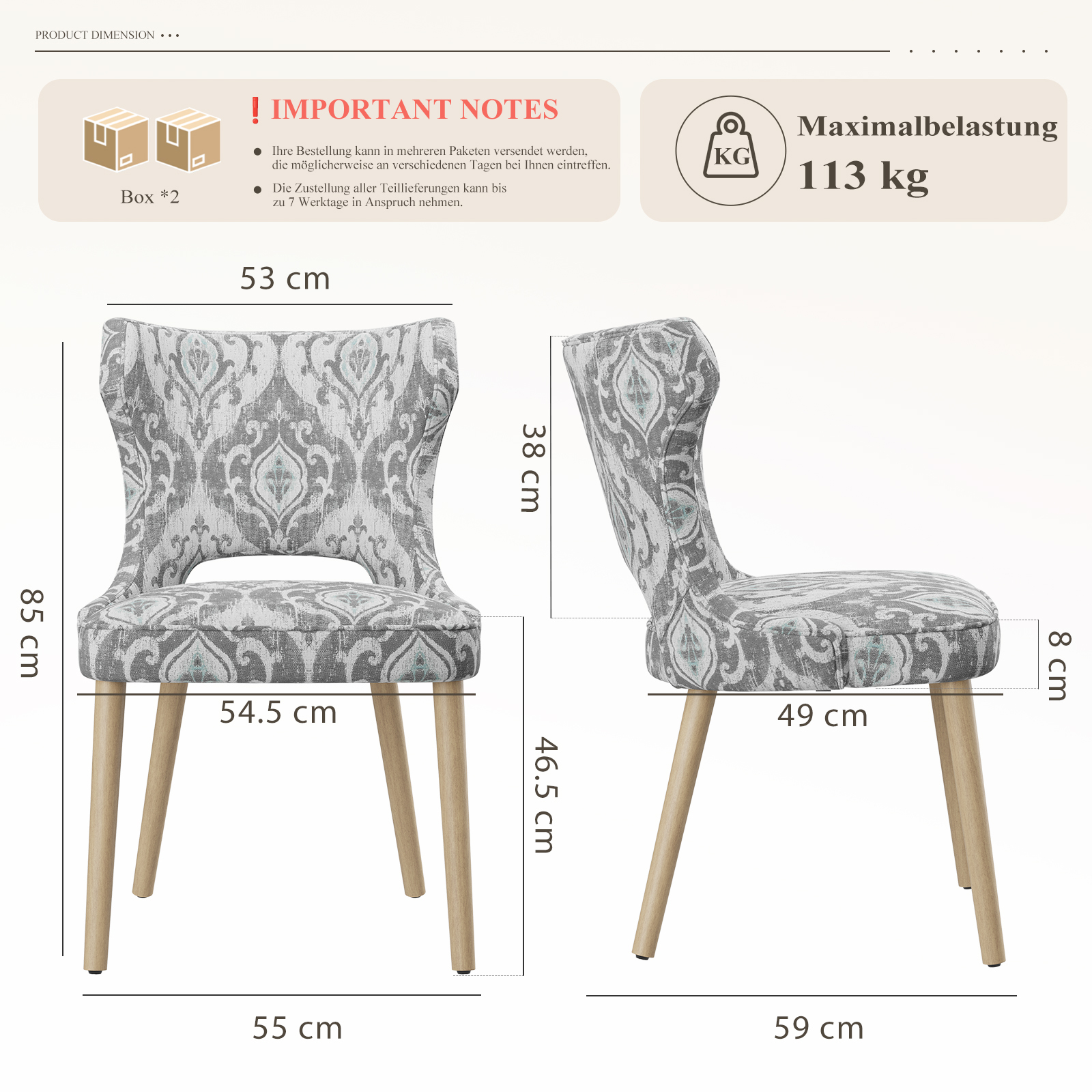 Sedia imbottita con motivo grigio, dimensioni e note di consegna.