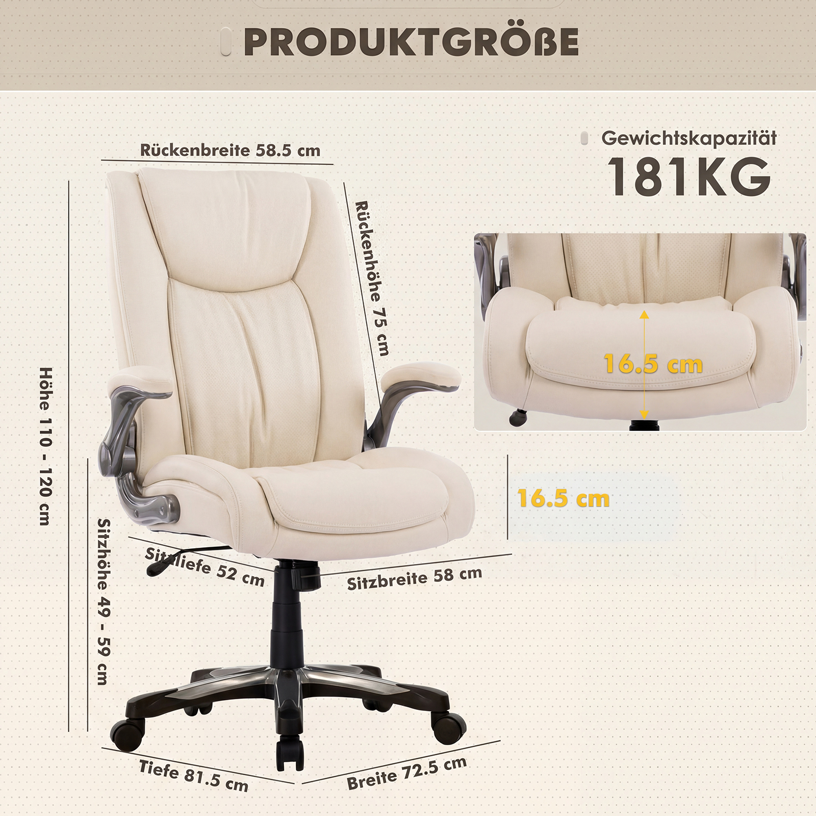 Una silla de oficina beige con dimensiones de ancho, alto, fondo y altura de asiento.