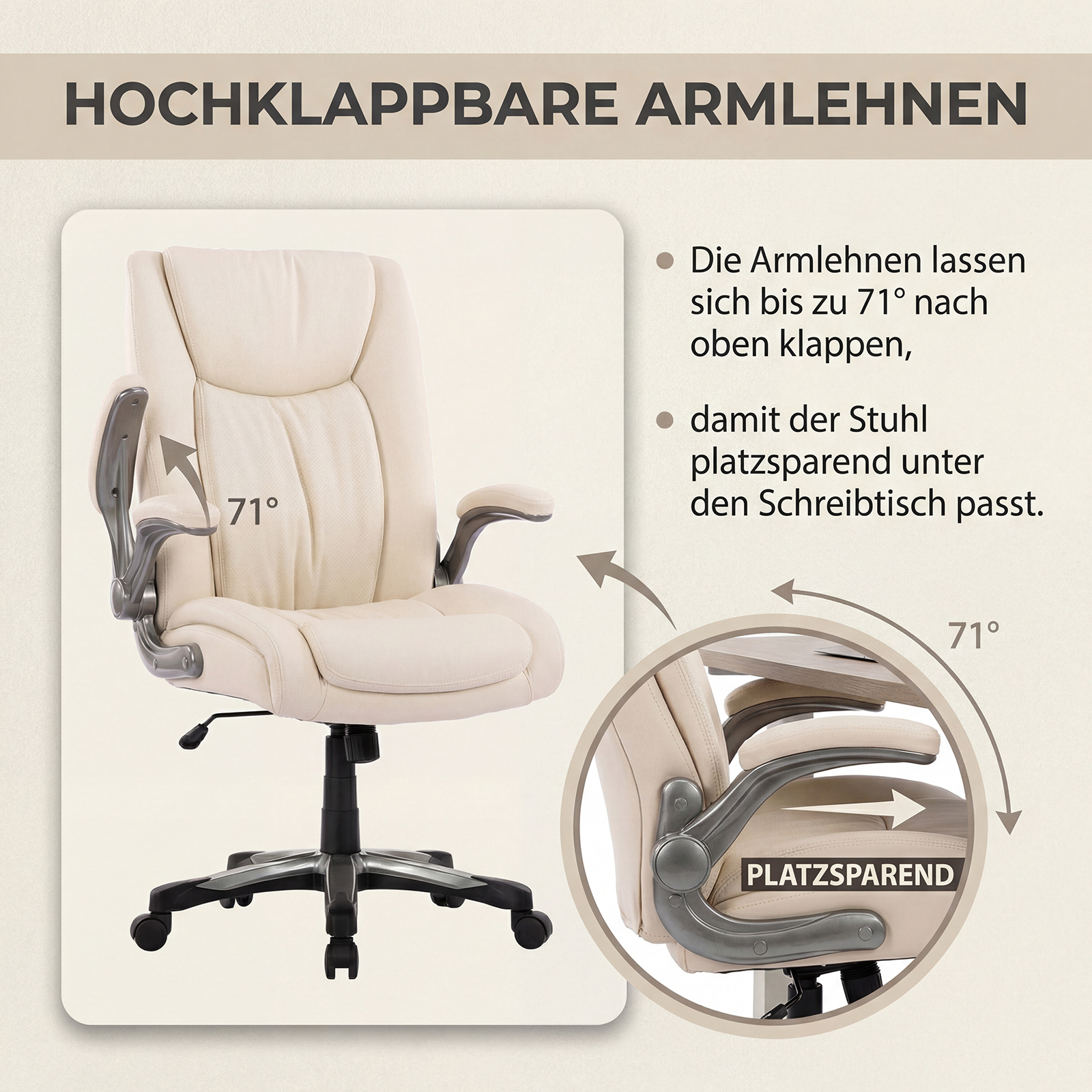 Silla de oficina beige con reposabrazos abatibles que giran hasta 71 grados.